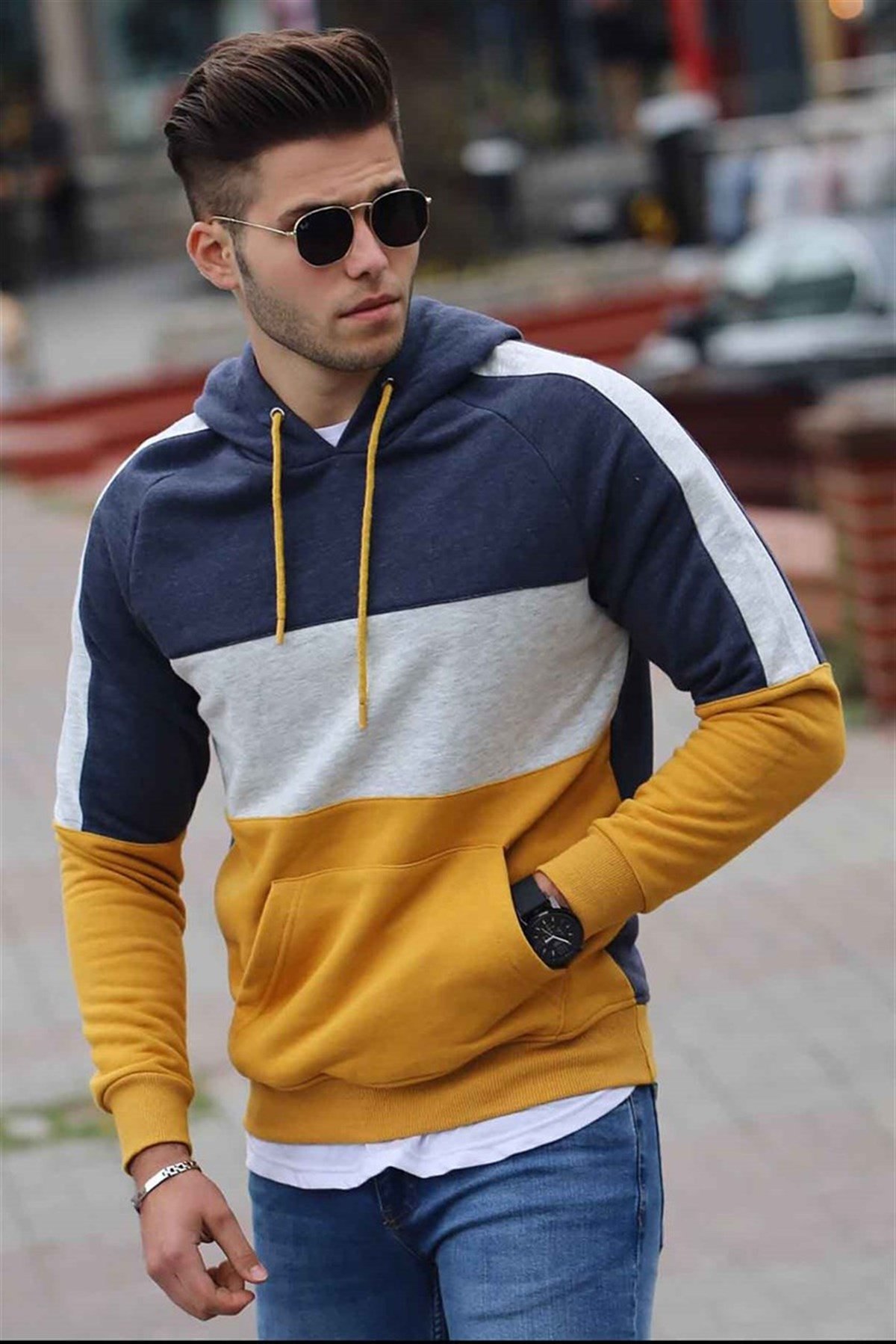Madmext Yellow Two Tone Hoodie 4414