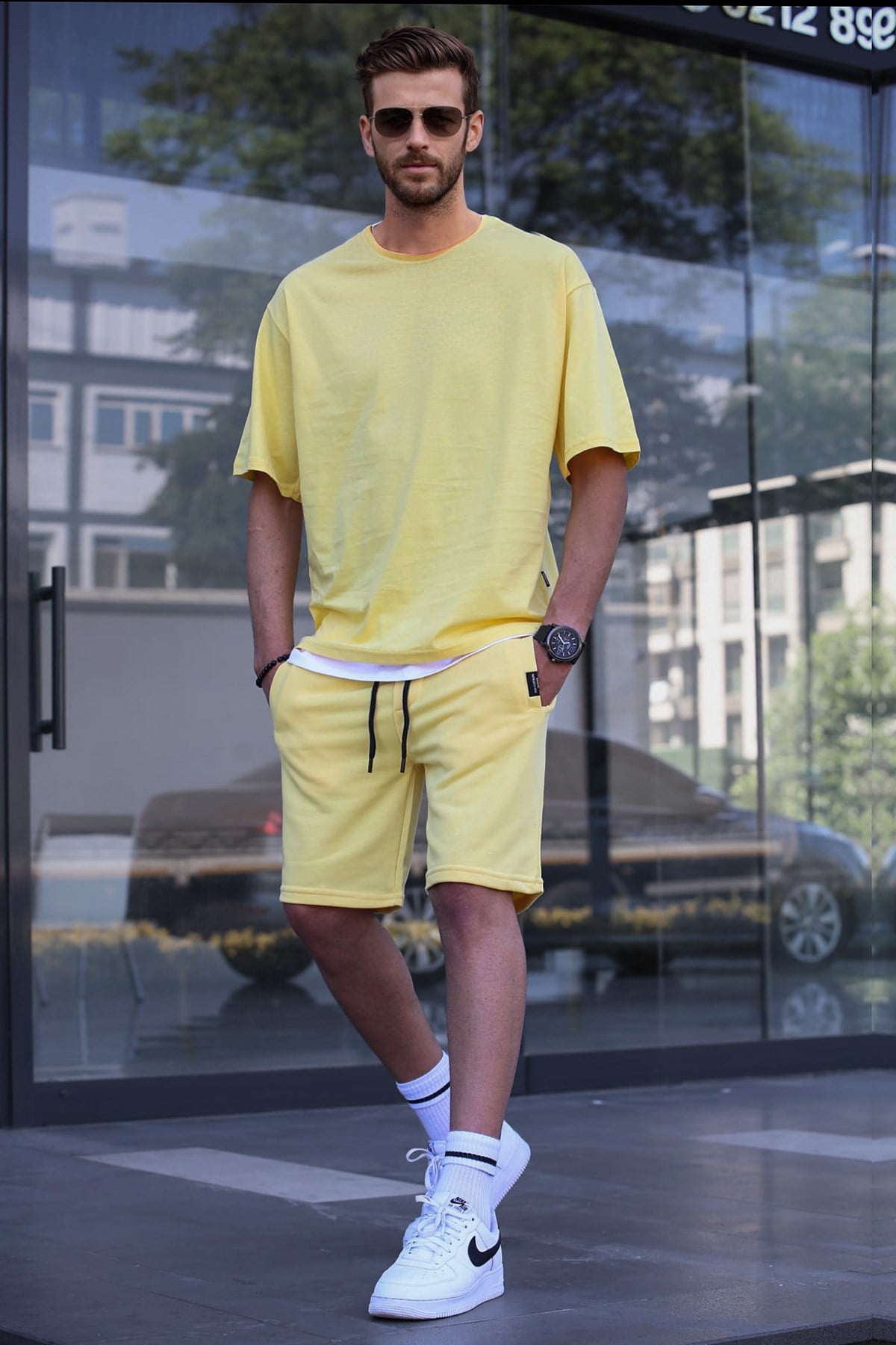 Madmext Sarı Oversize Erkek Şort Takımı 5668
