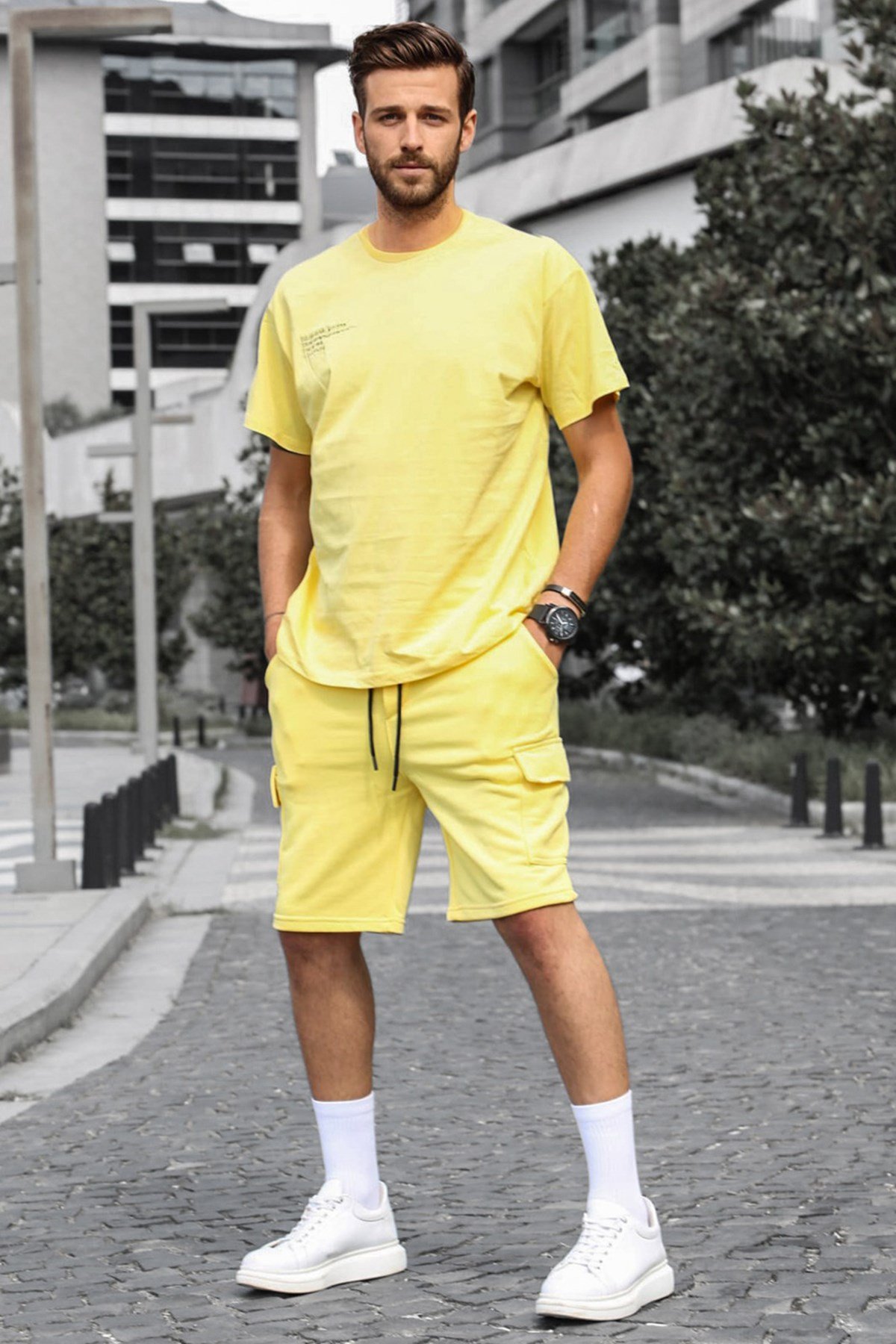 Madmext Sarı Oversize Erkek Şort Takımı 5391