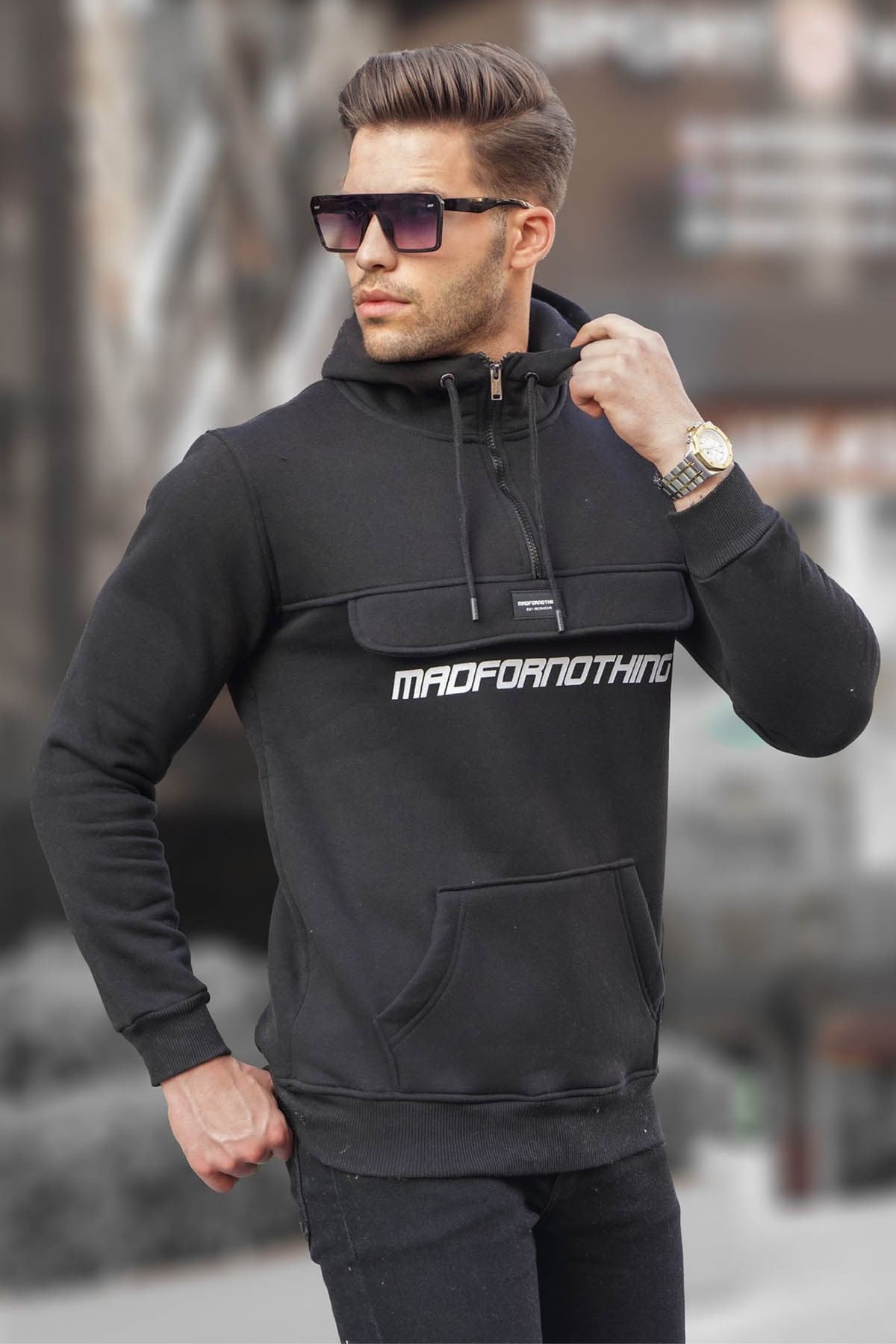 Madmext Siyah Kanguru Cep Kapüşonlu Sweatshirt 4729