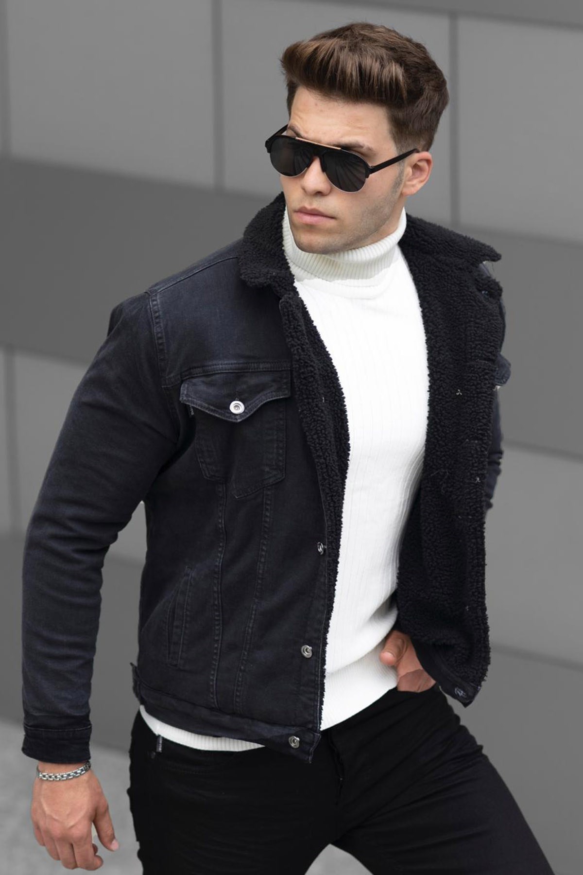 Madmext Siyah Kürklü Erkek Jean Ceket 9316