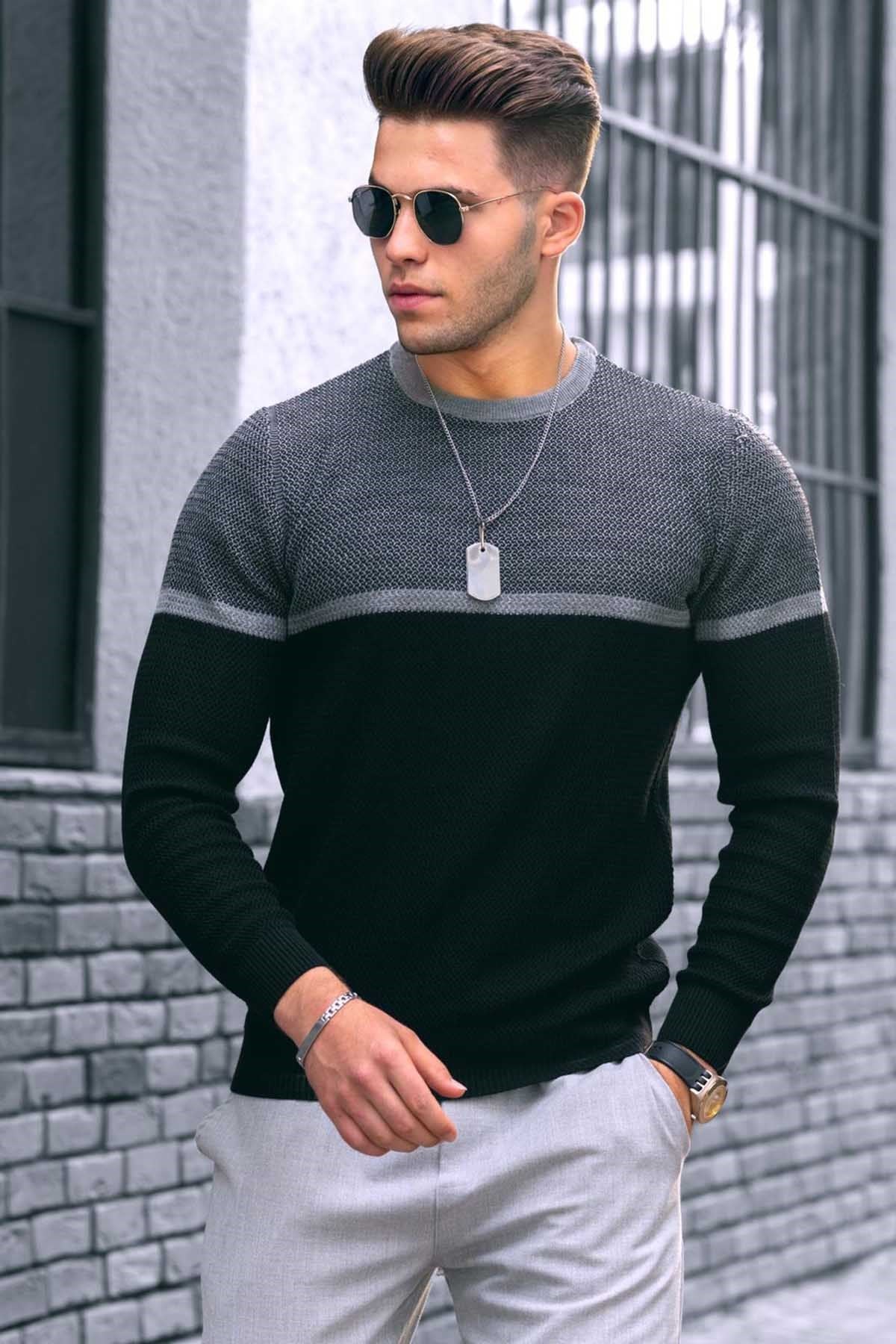 Madmext Black Color Blocked Men Jumper 4734