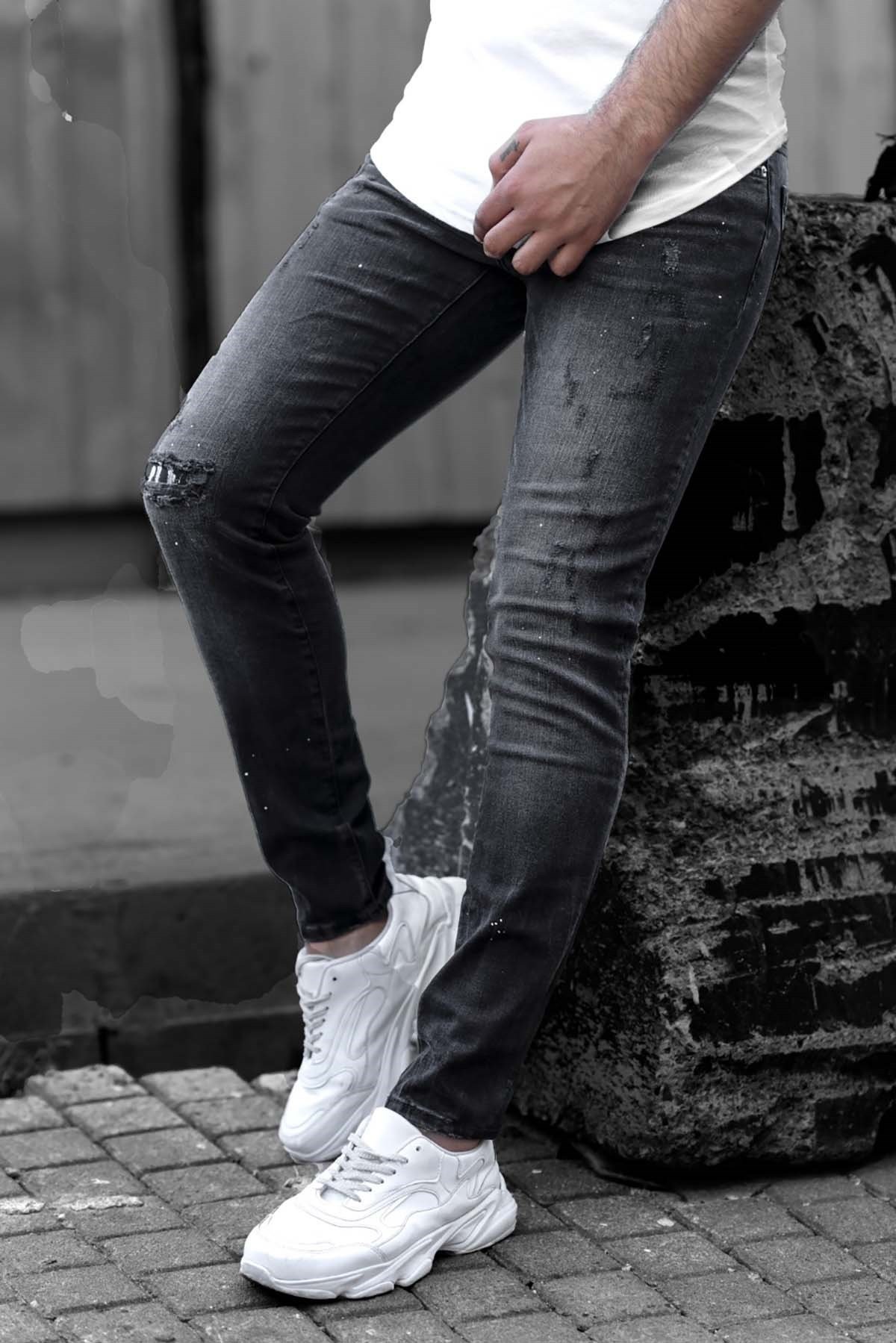 Madmext Siyah Slim Fit Yırtık Detaylı Kot Pantolon 042