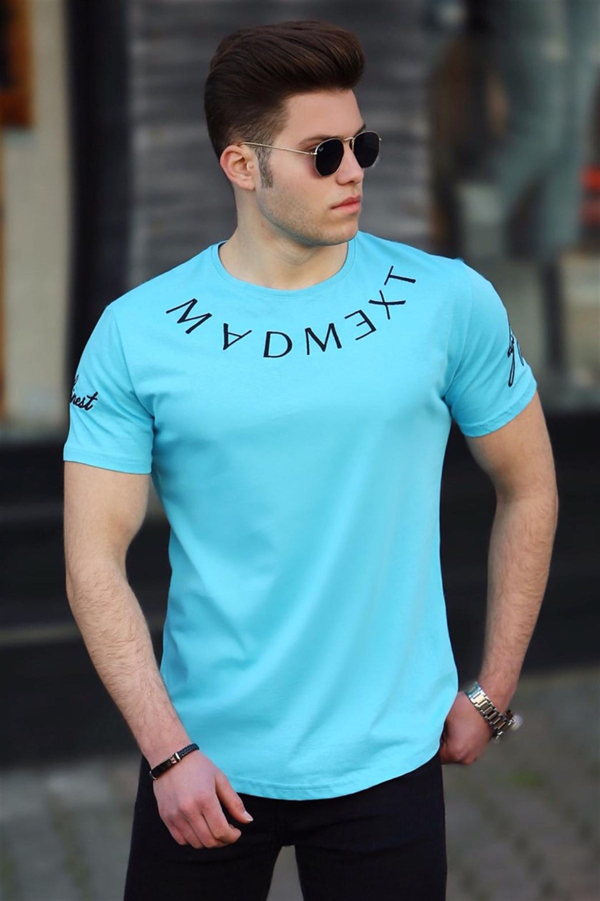 Madmext Turkuaz Nakışlı Erkek Tişört 4512
