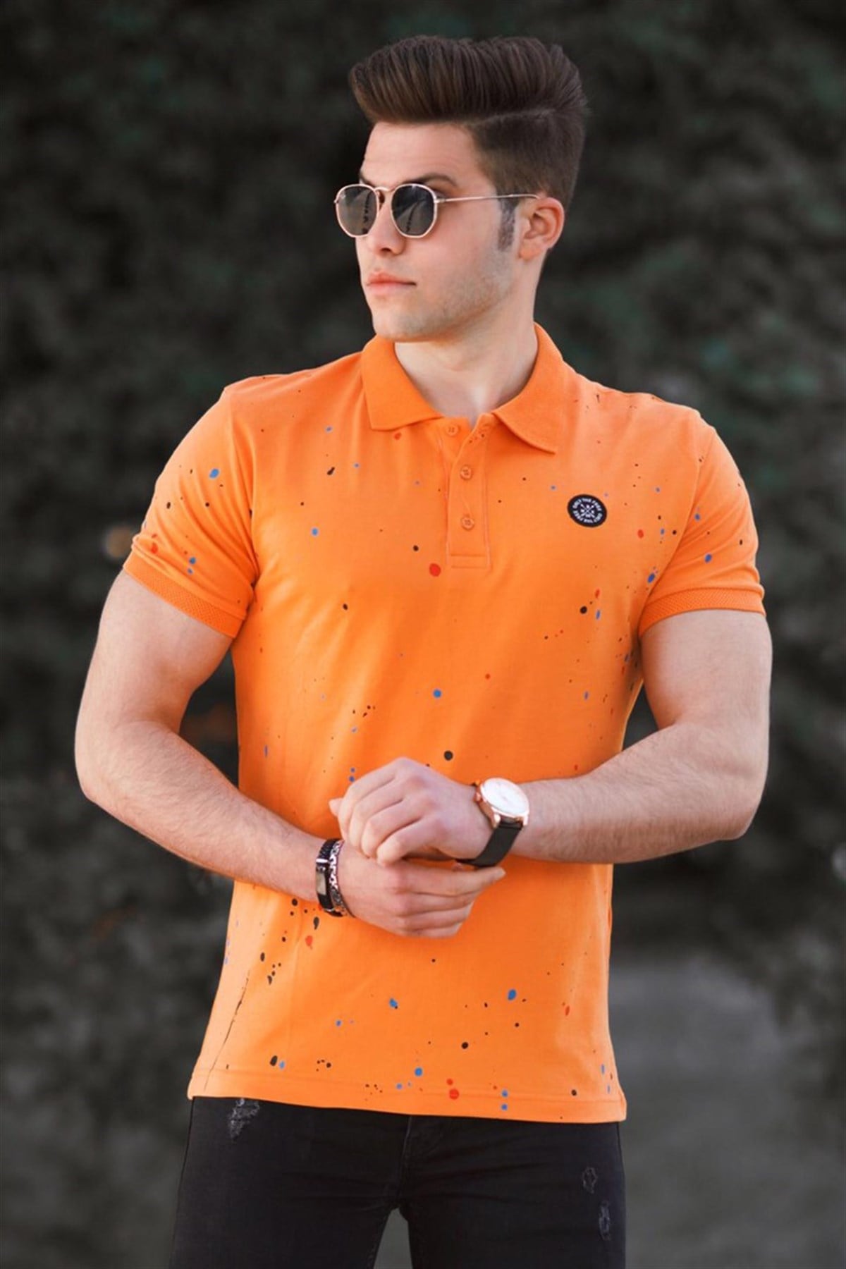 Madmext Turuncu Püskürtme Baskı Polo Yaka Tişört 4583
