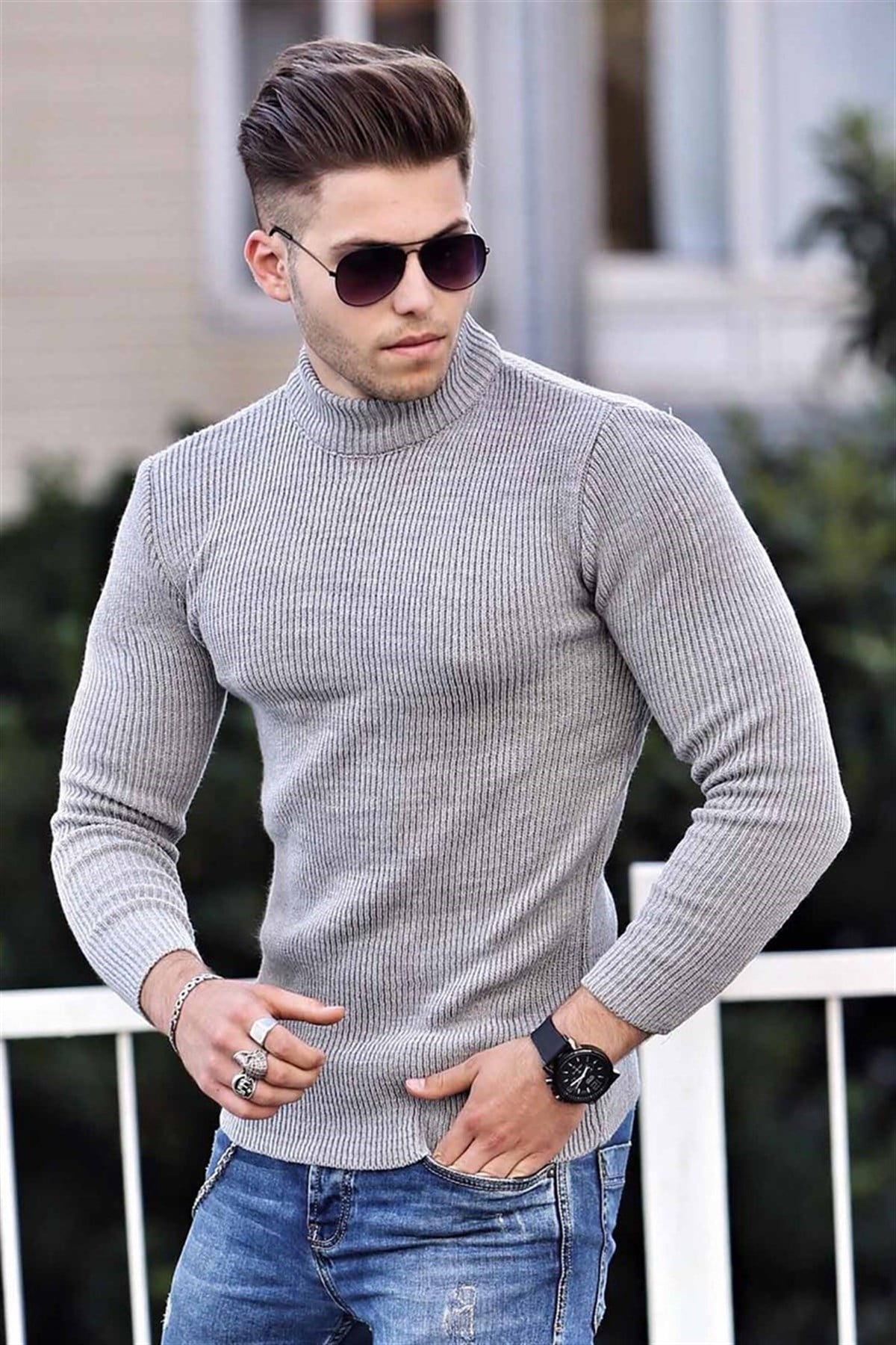 Madmext Grey Turtleneck Jumper 4369 