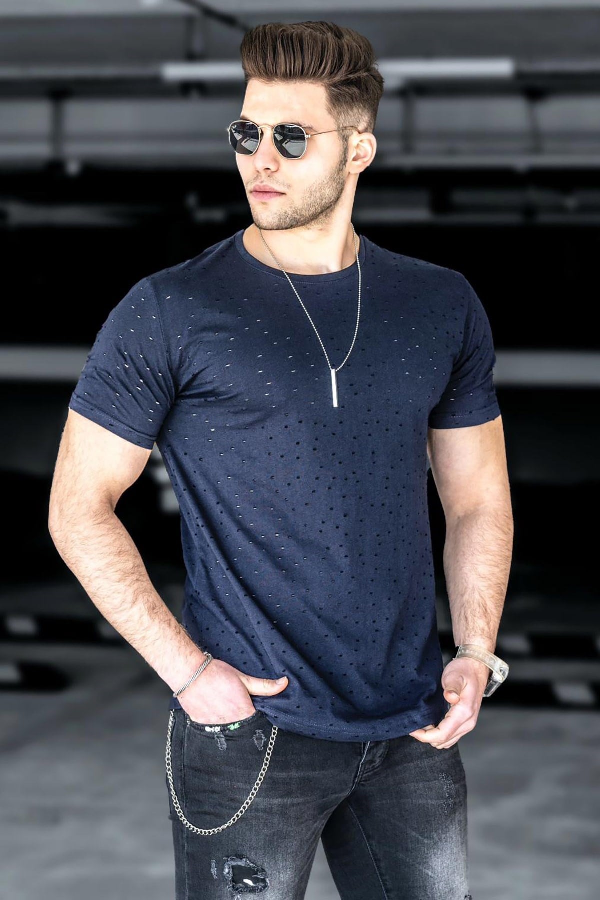 Madmext Navy Blue Rapped T-shirt for Men 2883