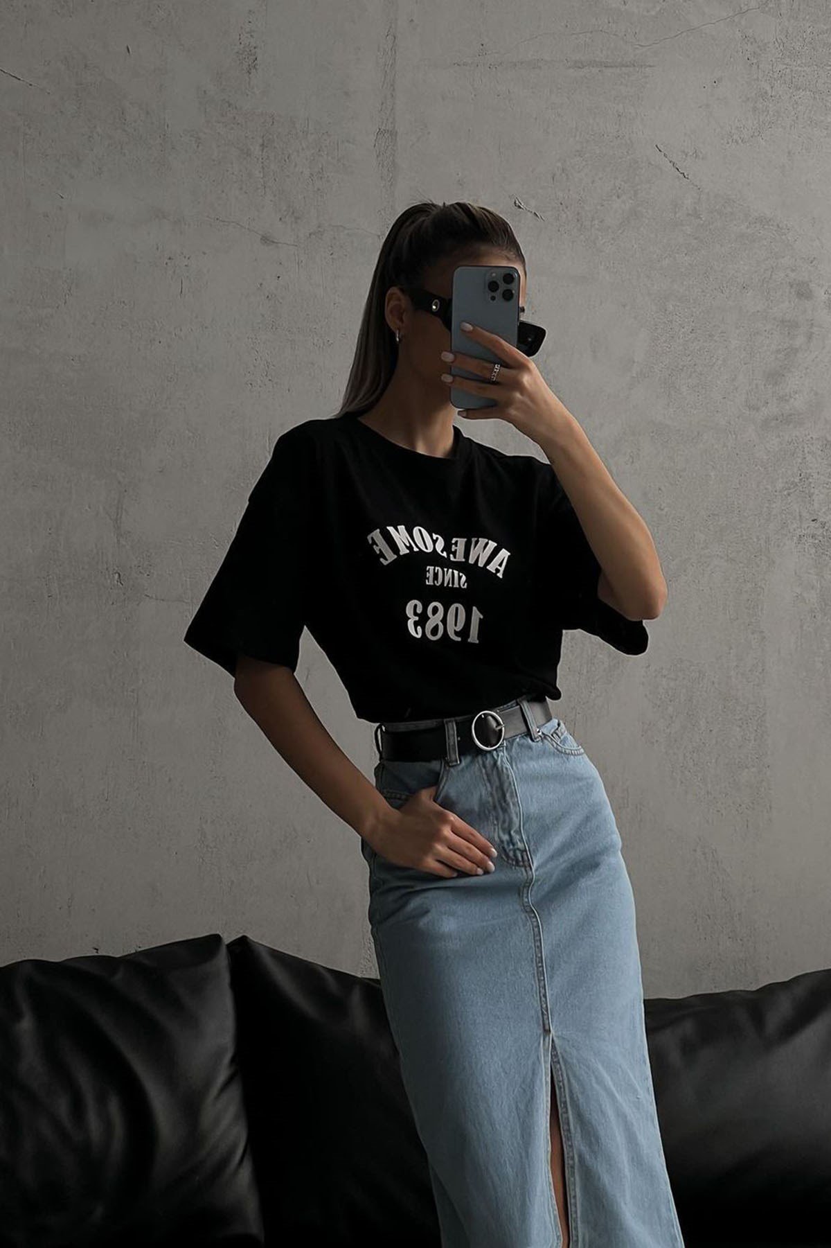 Mavi Yırtmaçlı Uzun Kot Etek MG1740