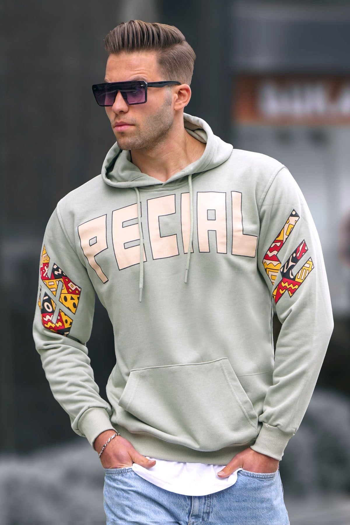 Mint Yeşili Baskılı Kapüşonlu Erkek Sweatshirt 6039