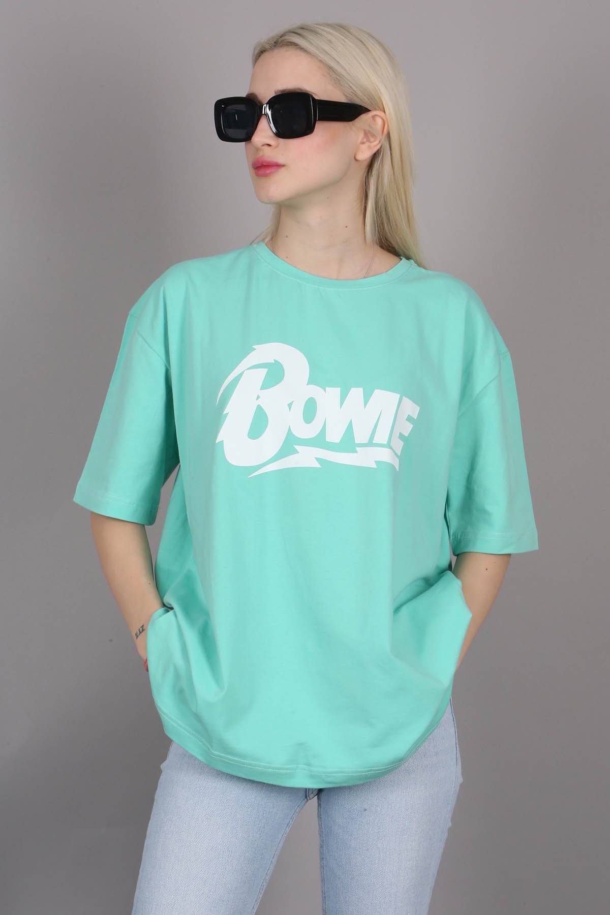 Women Printed Mint Green Over Fit T-Shirt MG1514