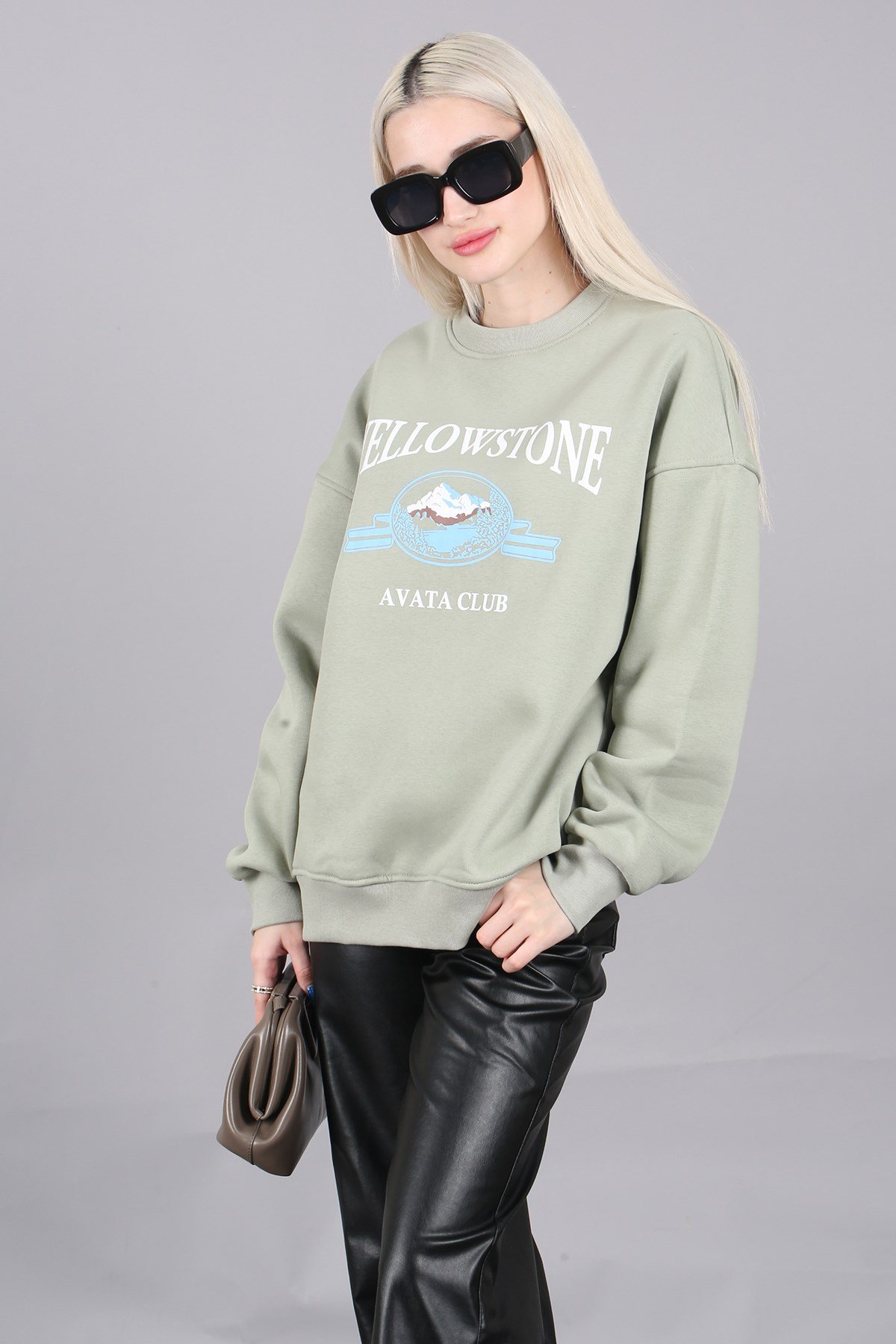 Mint Yeşili Bisiklet Yaka Baskılı Sweatshirt MG1571