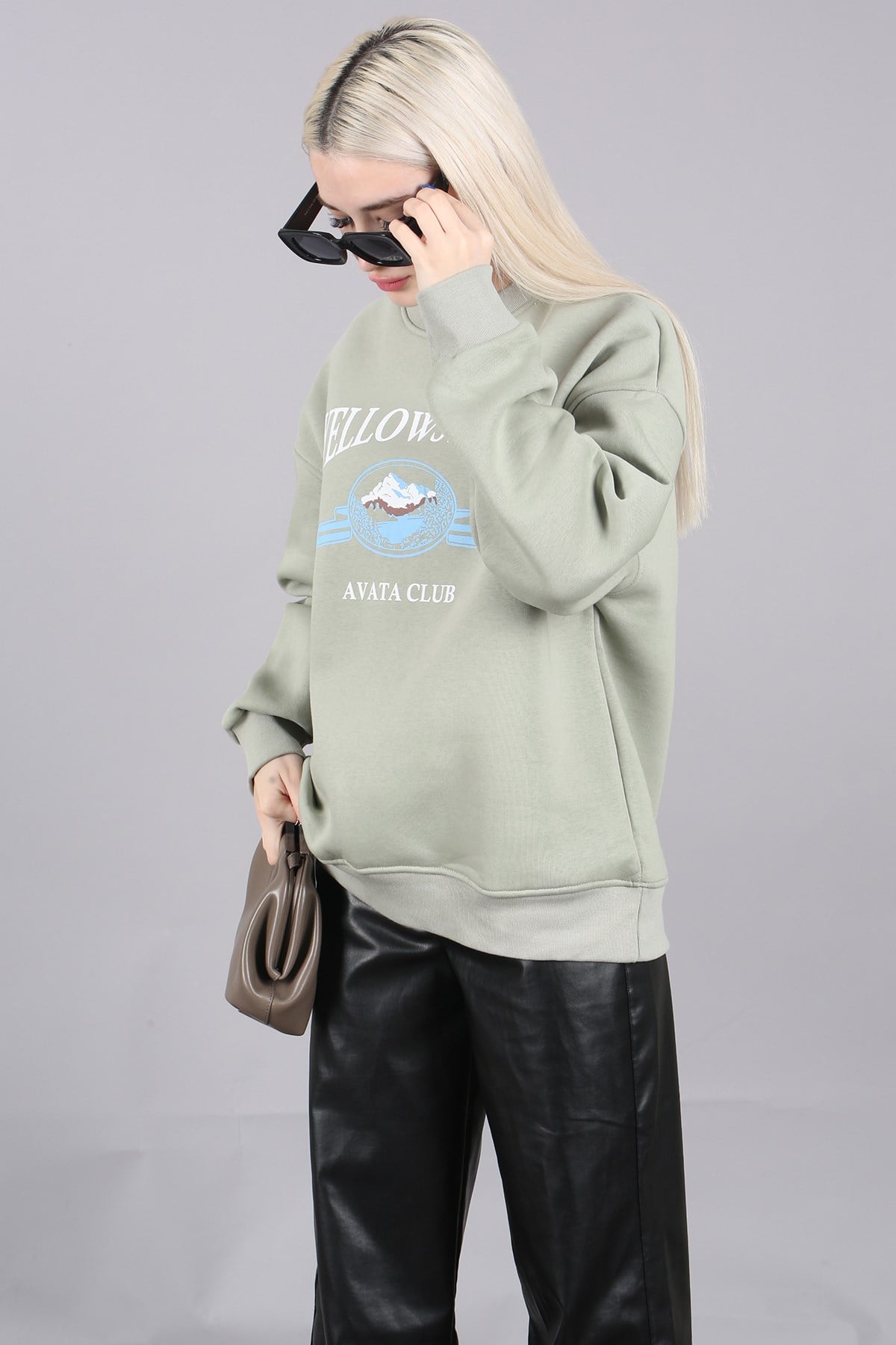 Mint Yeşili Bisiklet Yaka Baskılı Sweatshirt MG1571