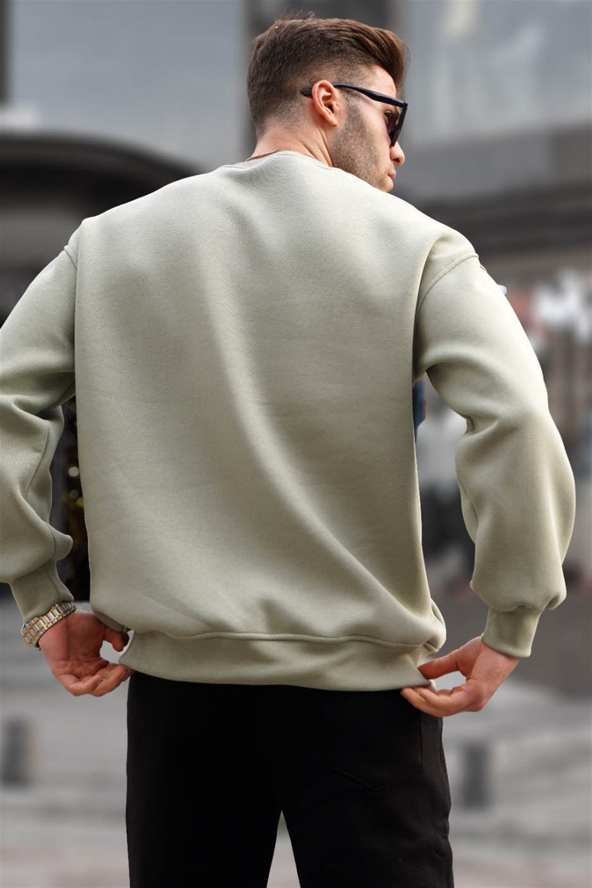 Mint Yeşili Bisiklet Yaka Oversize Şardonlu Basic Erkek Sweatshirt 6048