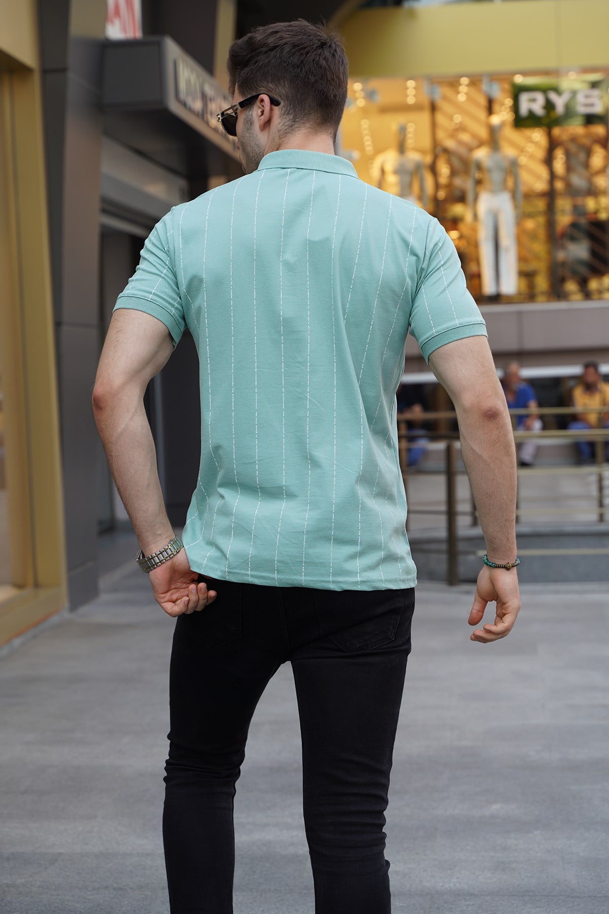 Mint Yeşili Düğmeli Çizgili Polo Yaka Tişört 5879