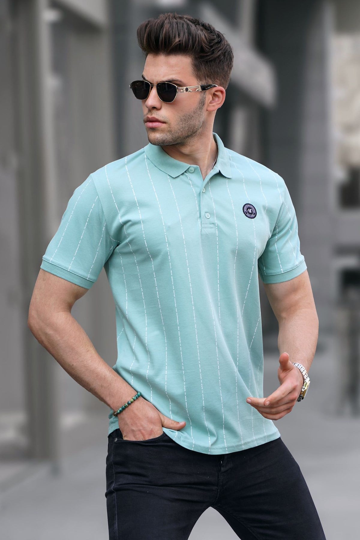 Mint Yeşili Düğmeli Çizgili Polo Yaka Tişört 5879
