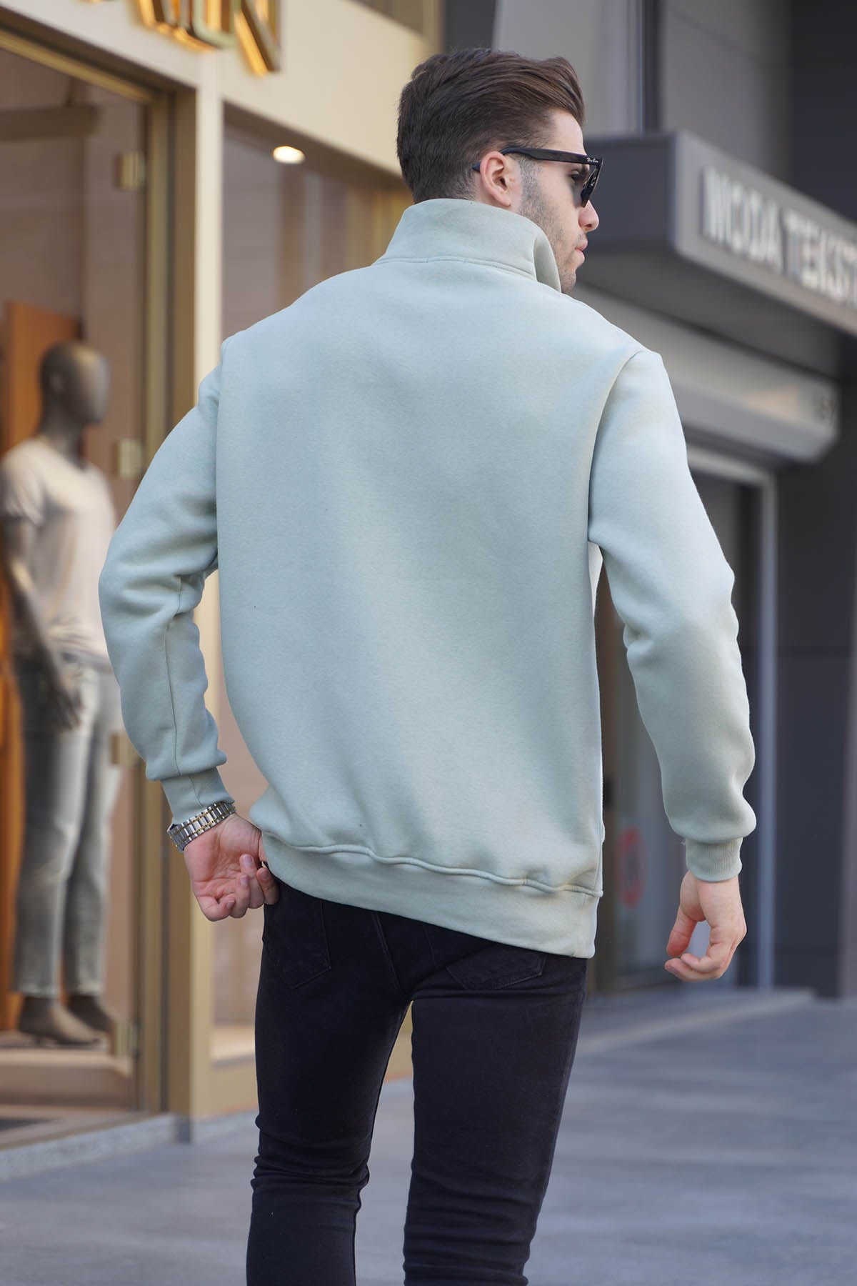 Mint Yeşili Fermuar Yaka Baskılı Sweatshirt 6028