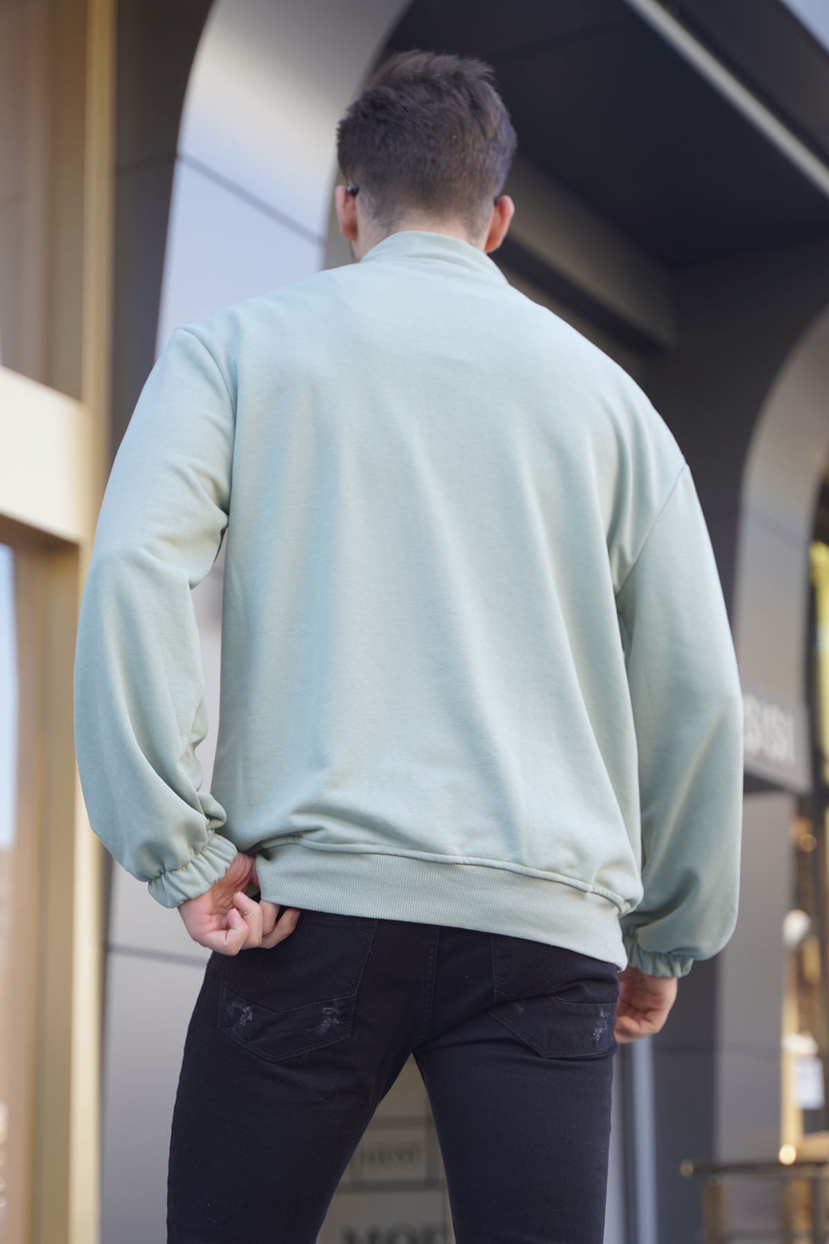 Mint Yeşili Fermuar Yakalı Nakışlı Sweatshirt 6026