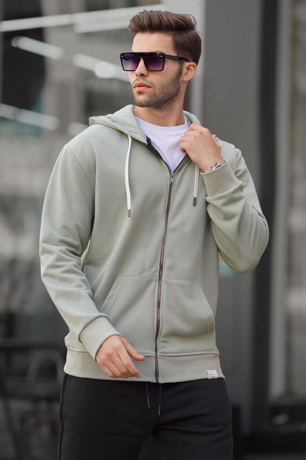 Mint Yeşili Fermuarlı Kapüşonlu Sweatshirt 6161