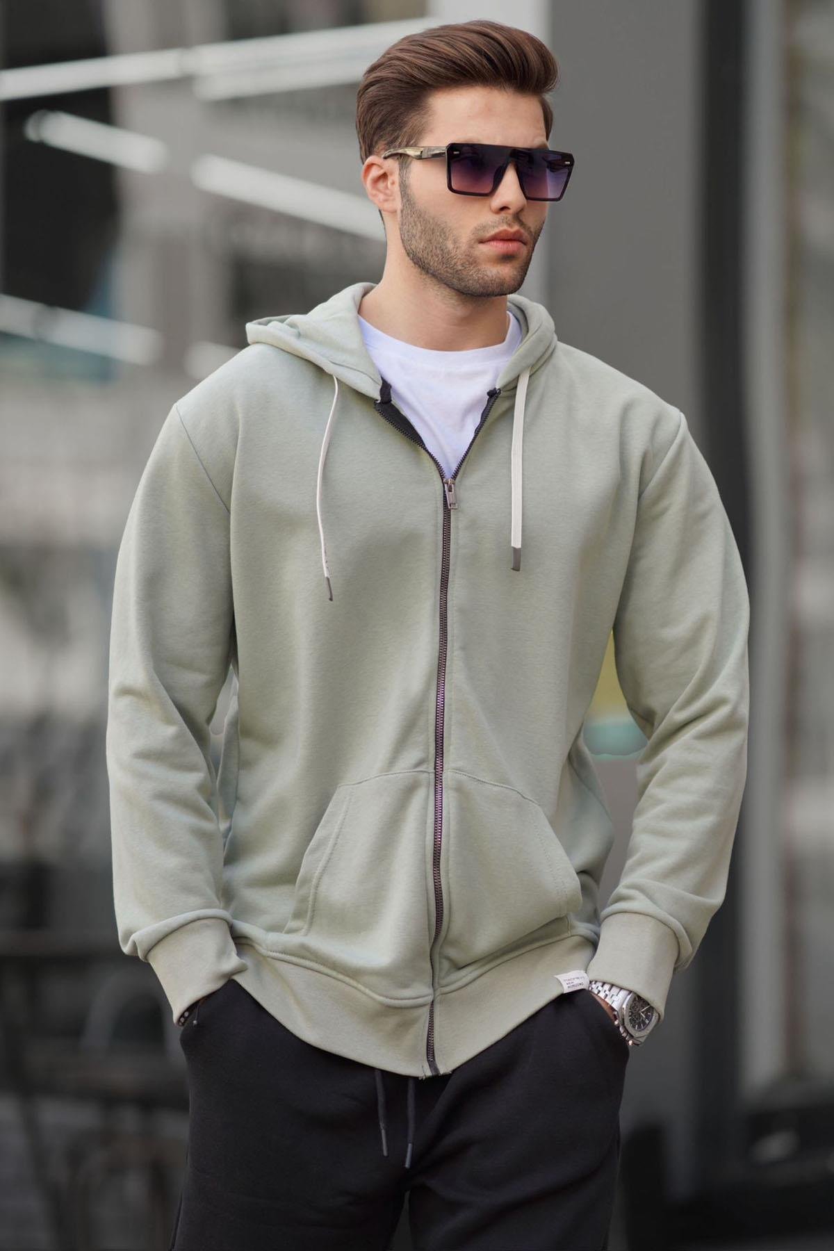 Mint Yeşili Fermuarlı Kapüşonlu Sweatshirt 6161