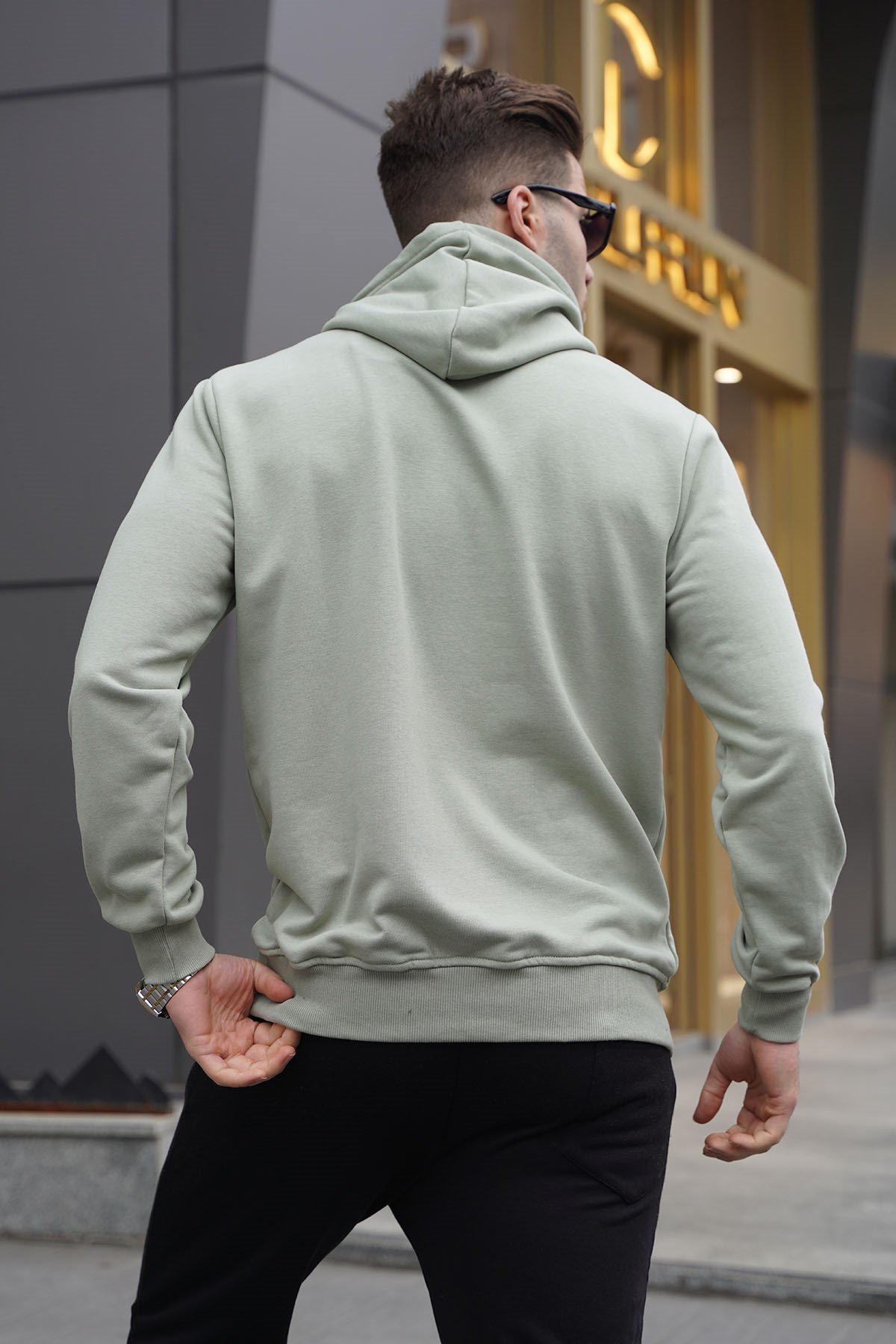Mint Yeşili Kapüşonlu Baskılı Erkek Sweatshirt 6017