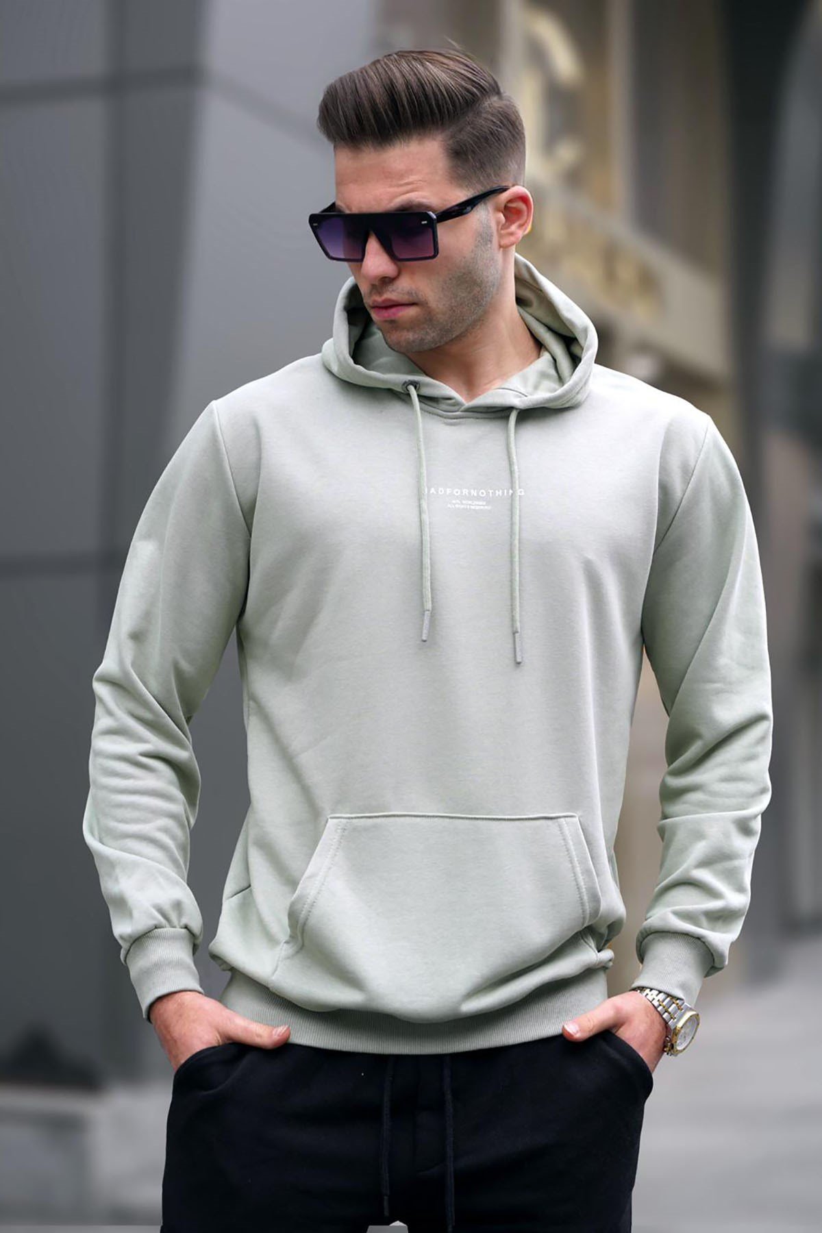 Mint Yeşili Kapüşonlu Baskılı Erkek Sweatshirt 6017