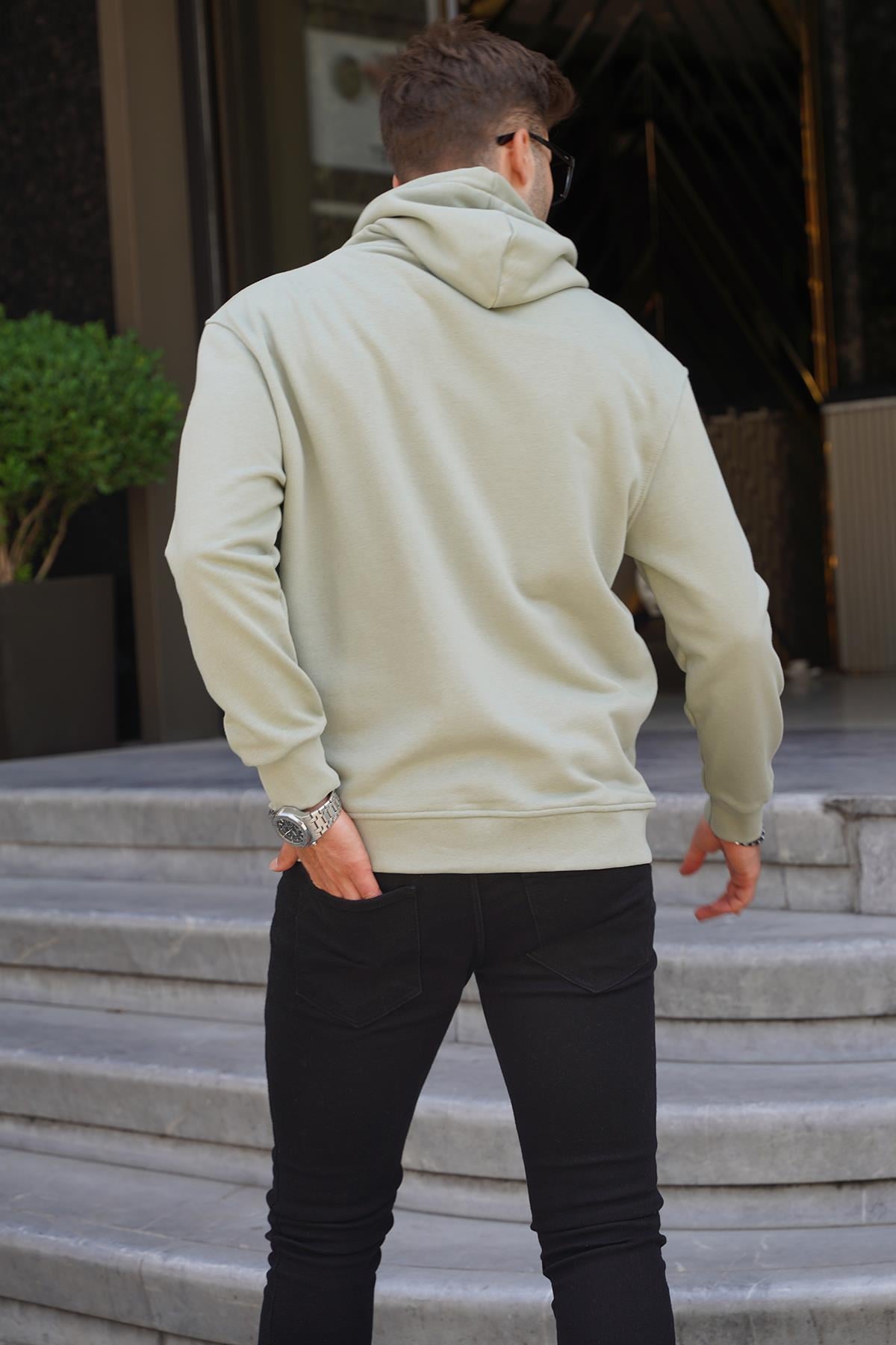 Mint Yeşili Kapüşonlu Nakışlı Erkek Sweatshirt 6145