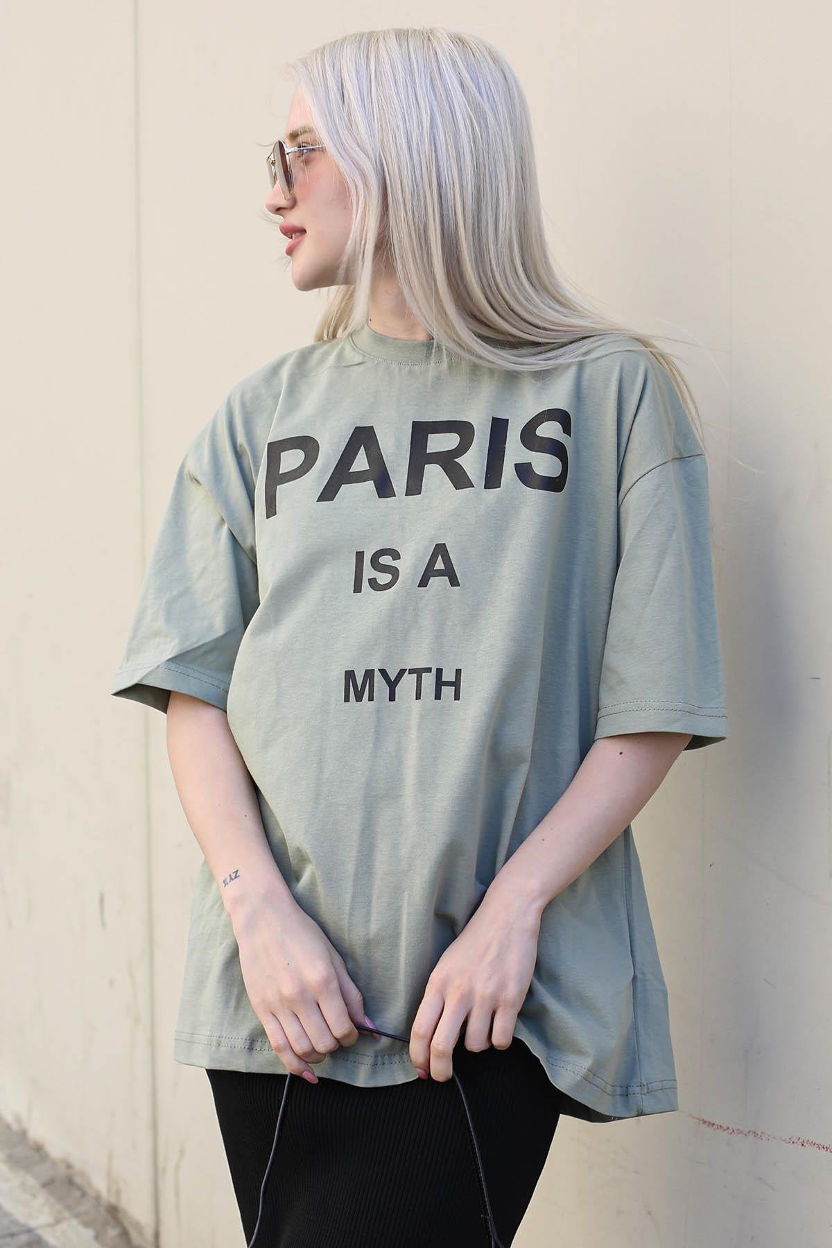 Mint Yeşili Paris Baskılı Kadın Tişört MG1654