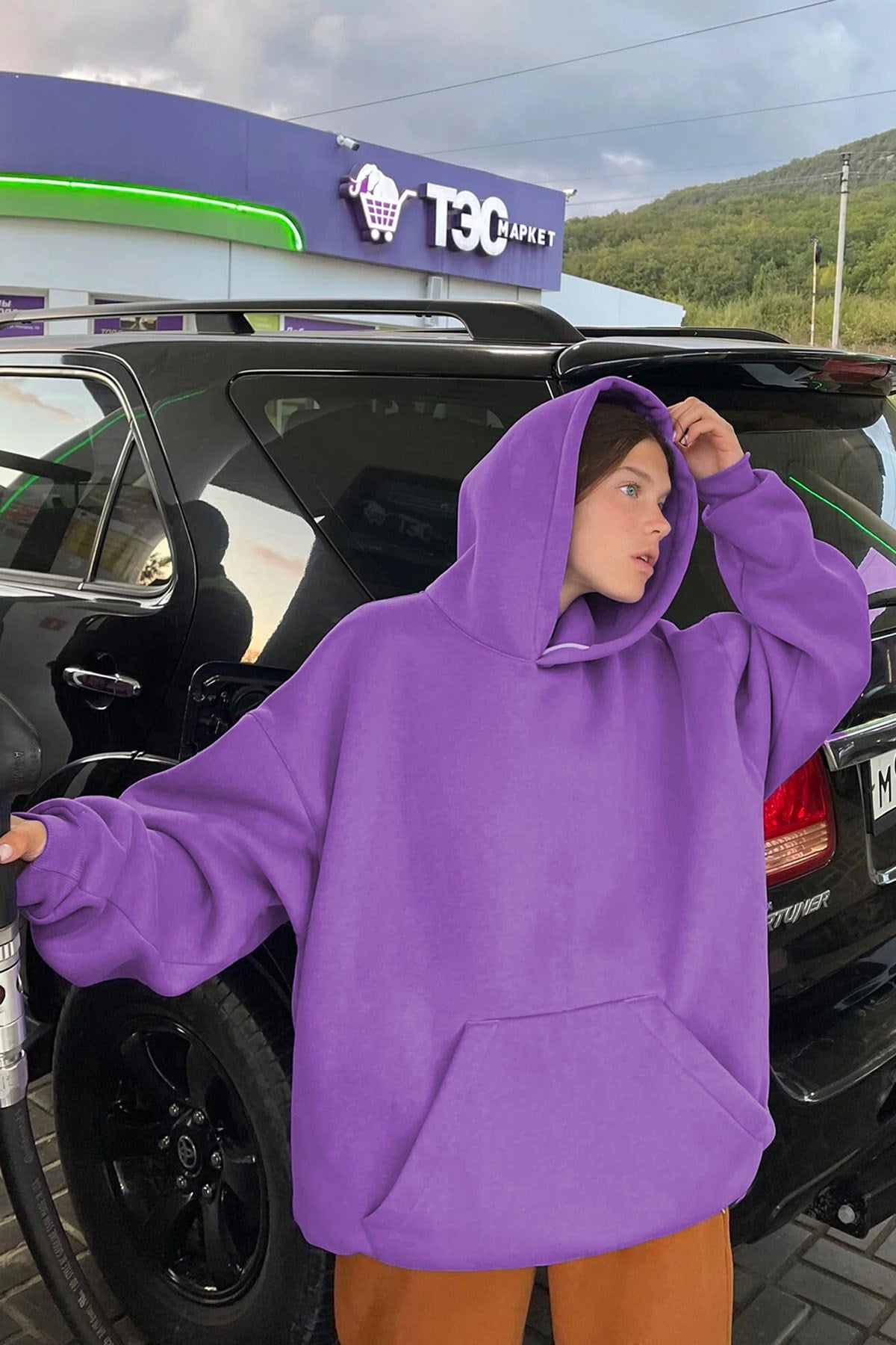 Mor Kapüşonlu Oversize Sweatshirt MG1566