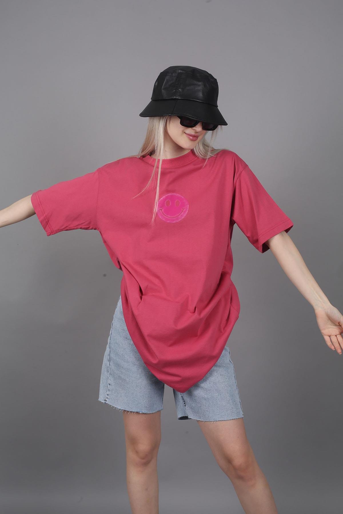 Pembe Baskılı Oversize Bisiklet Yaka Kadın Tişört