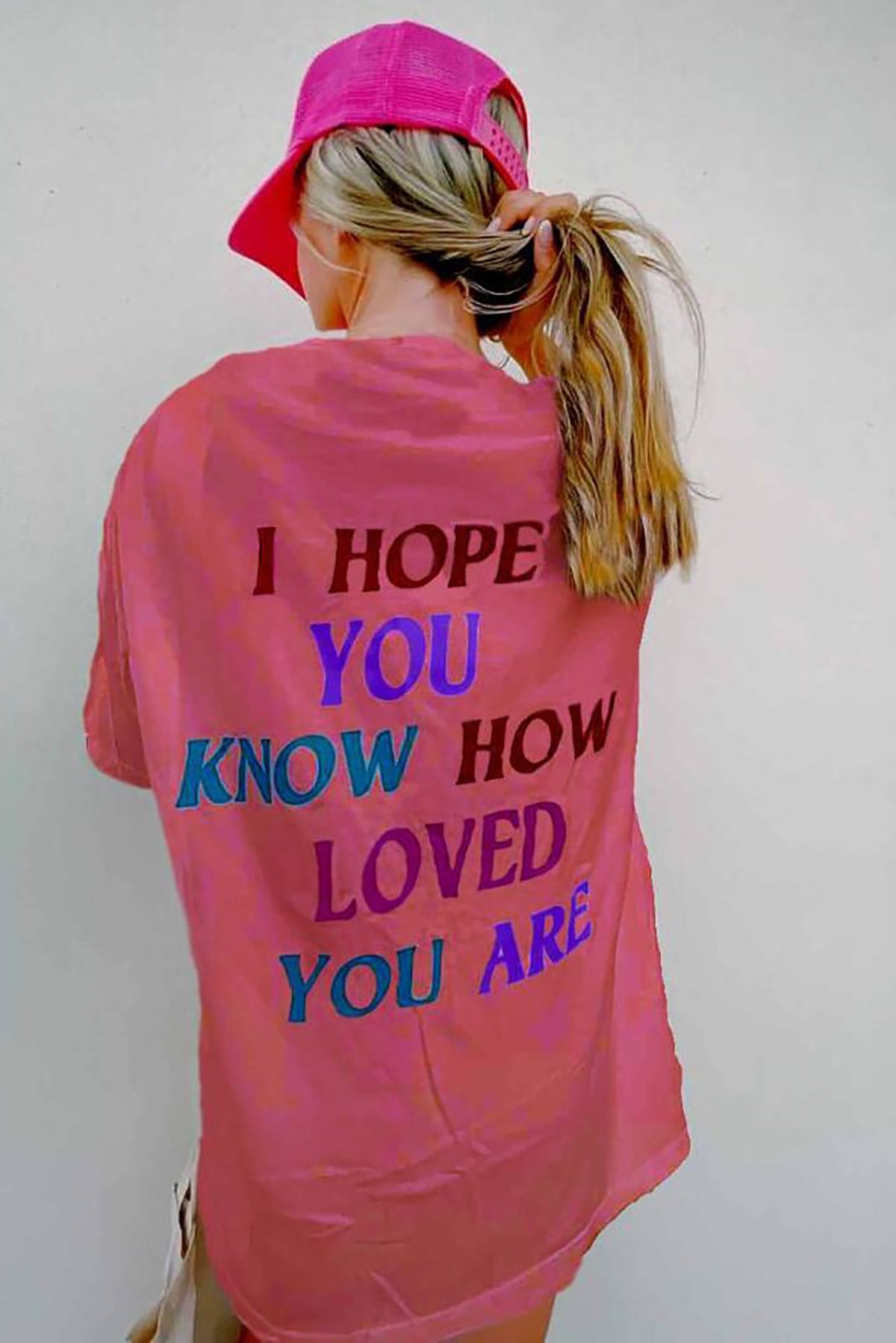 Pembe Baskılı Oversize Bisiklet Yaka Kadın Tişört