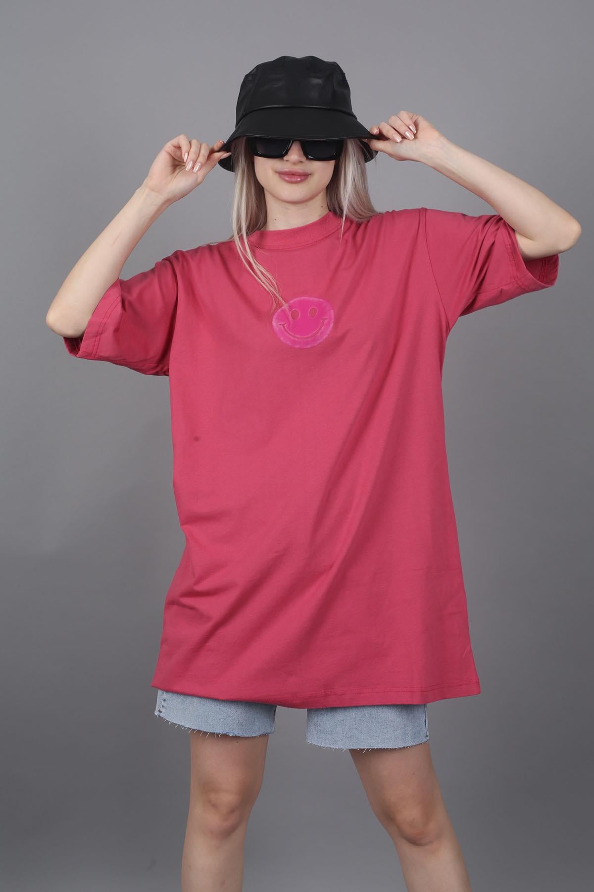 Pembe Baskılı Oversize Bisiklet Yaka Kadın Tişört