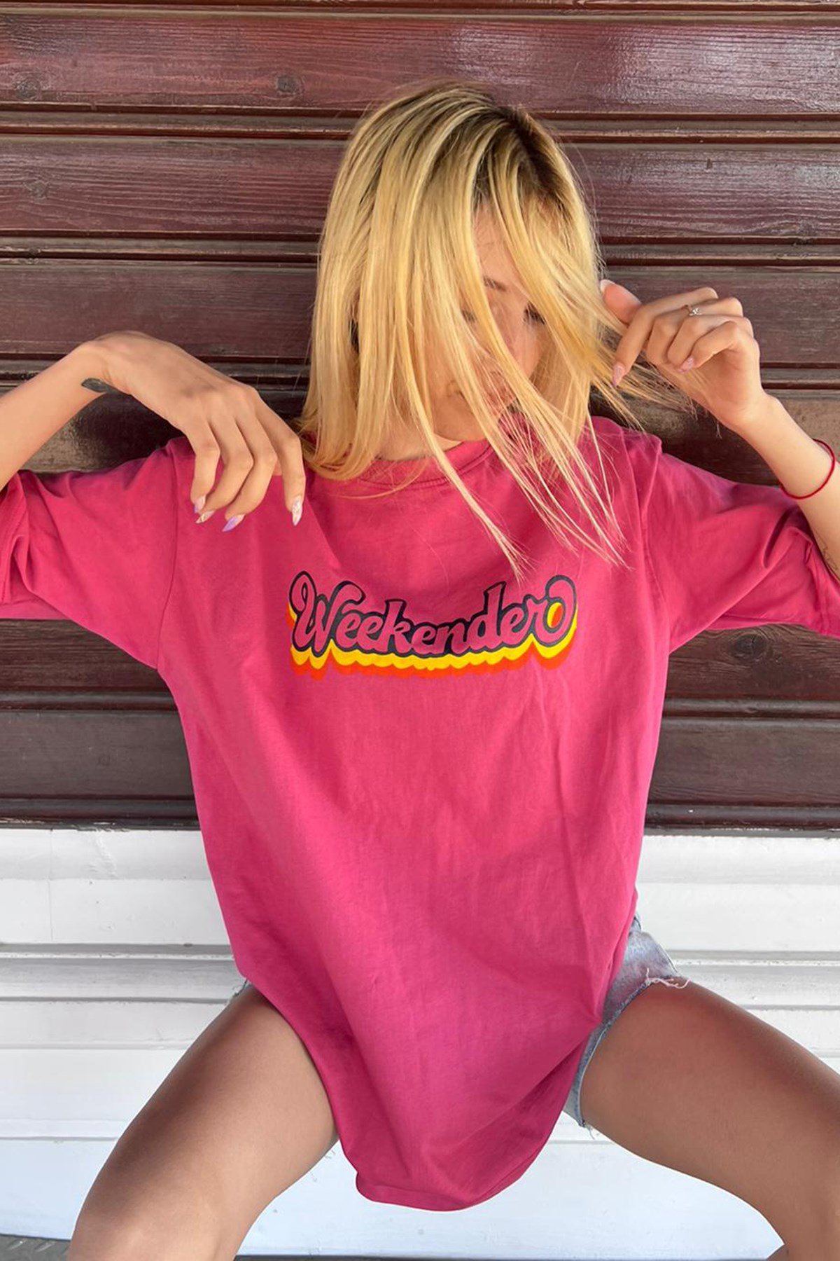Women Printed Oversize Pink T-Shirt