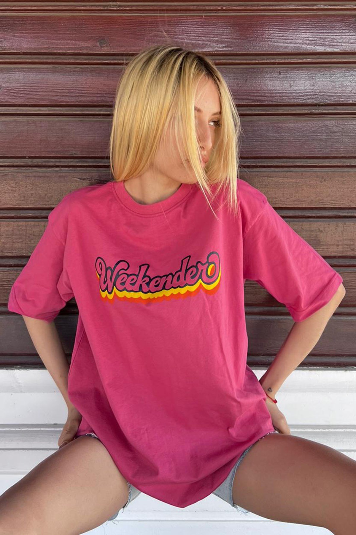 Women Printed Oversize Pink T-Shirt