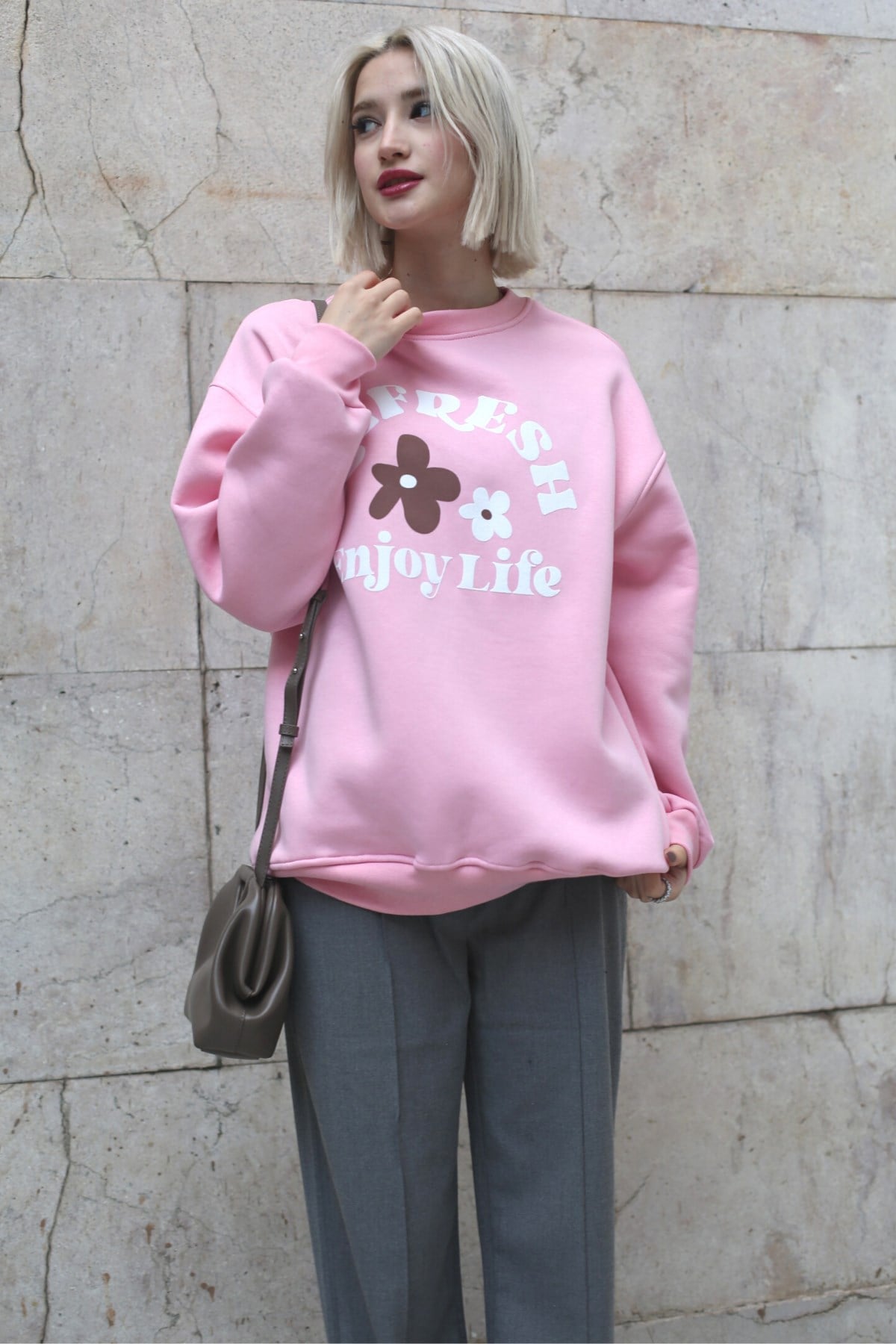 Pembe Bisiklet Yaka Baskılı Sweatshirt MG1572