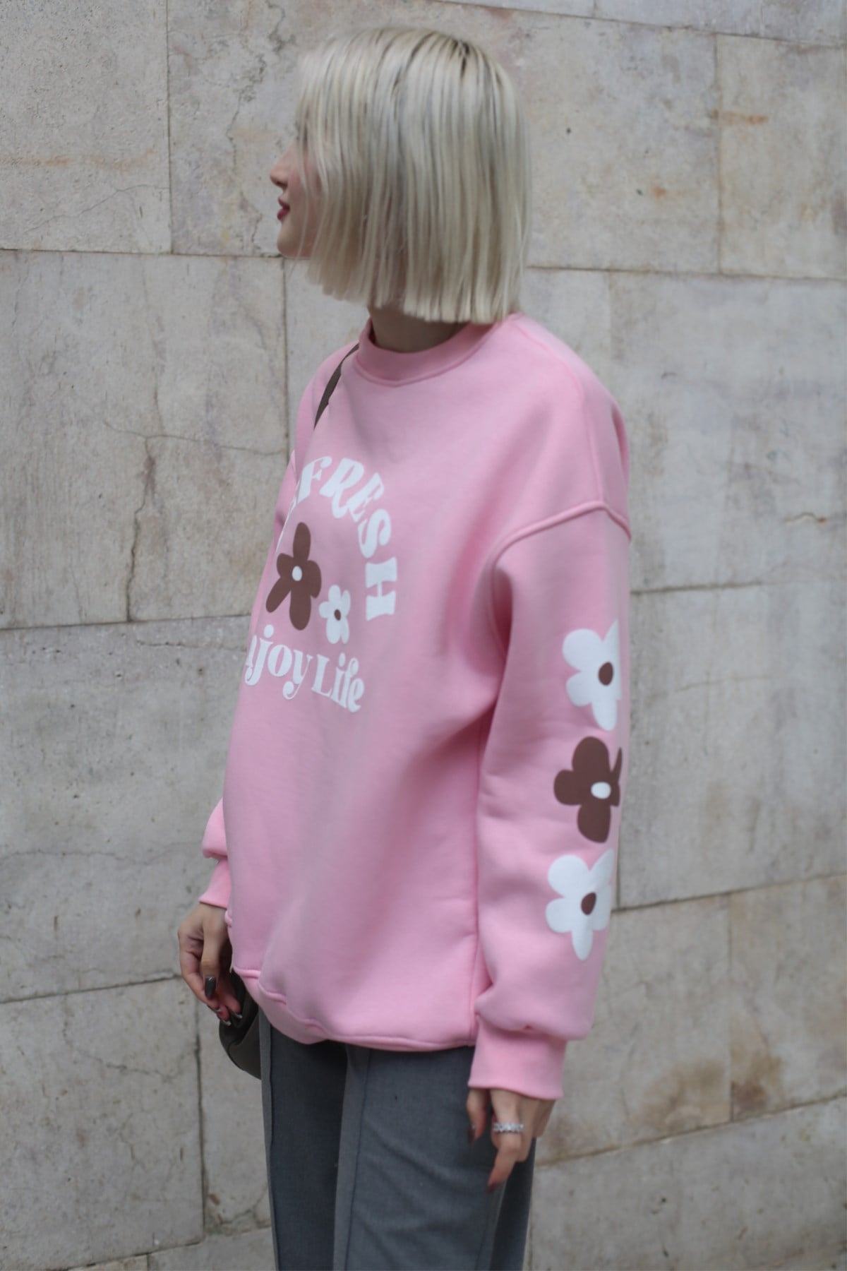 Pembe Bisiklet Yaka Baskılı Sweatshirt MG1572