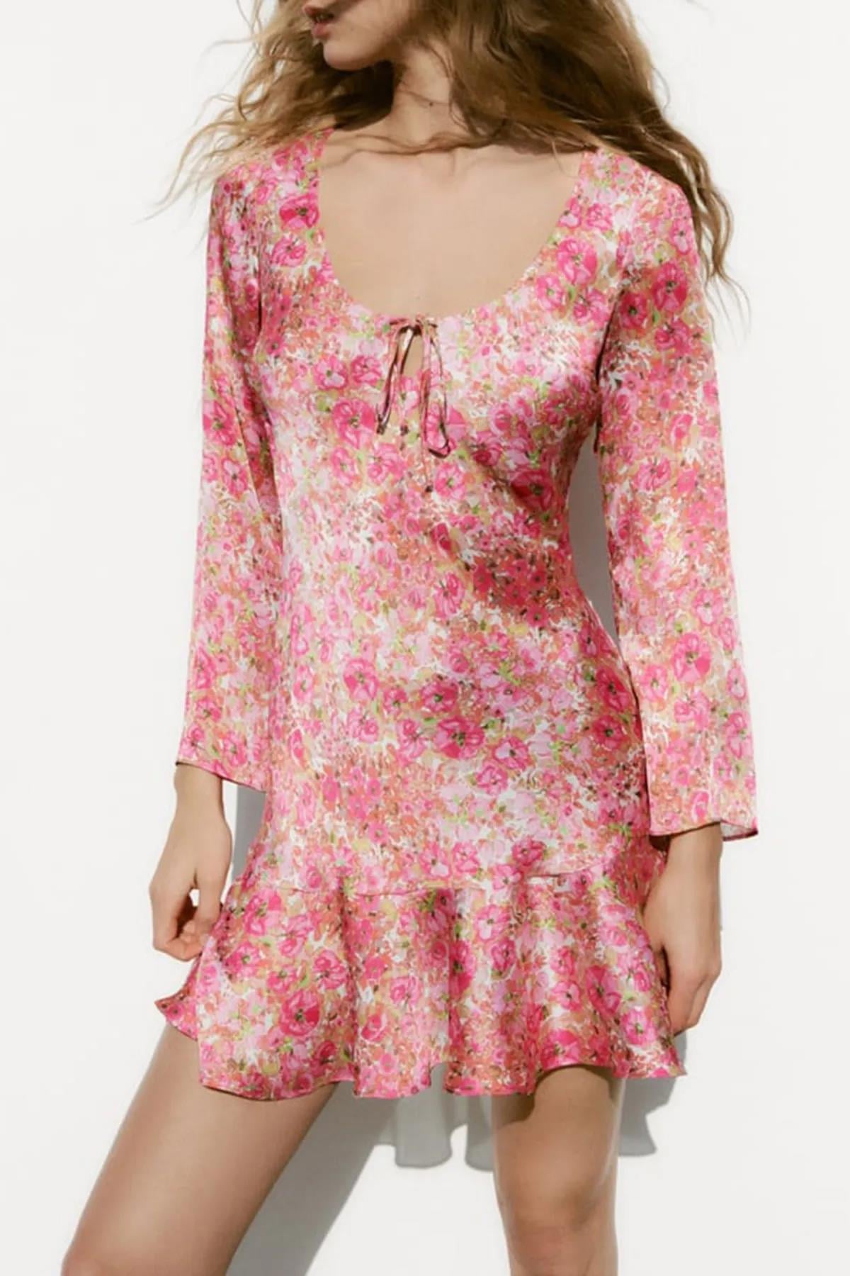 Pembe Çicek Desenli Elbise MG1835