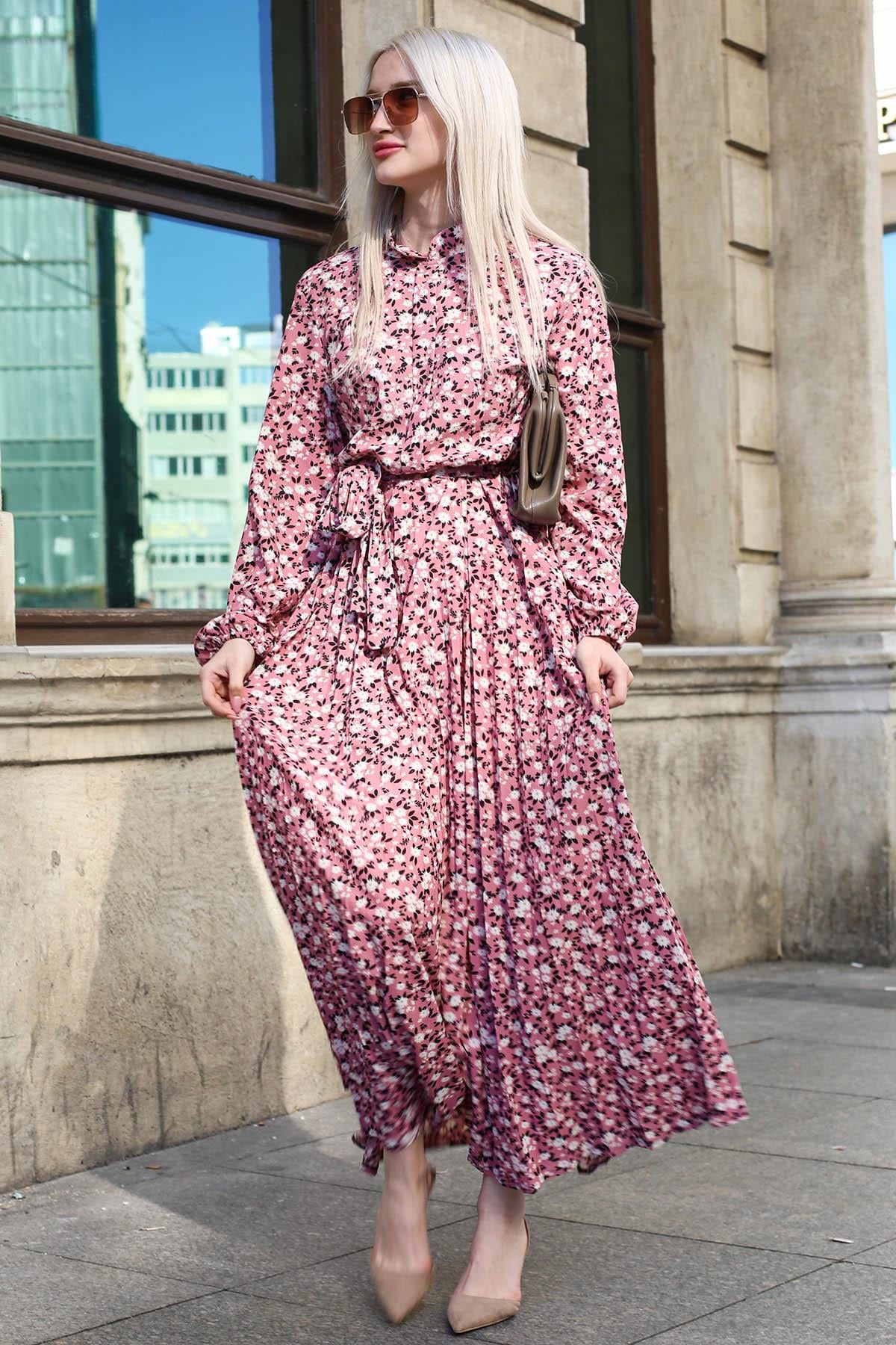 Pembe Çicek Desenli Uzun Kadın Elbise MG1839