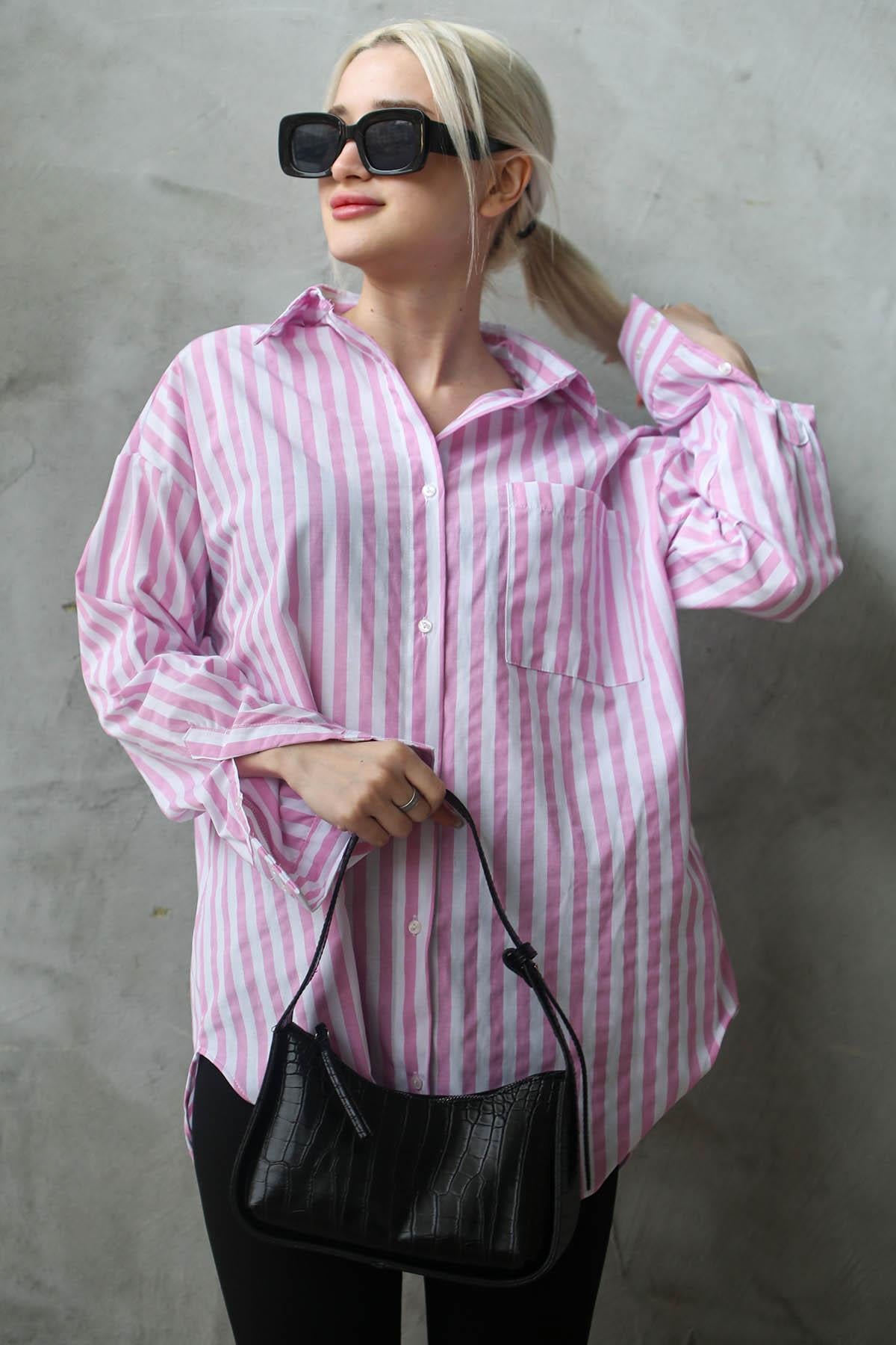 Pembe Çizgili Oversize Kadın Gömlek MG1688