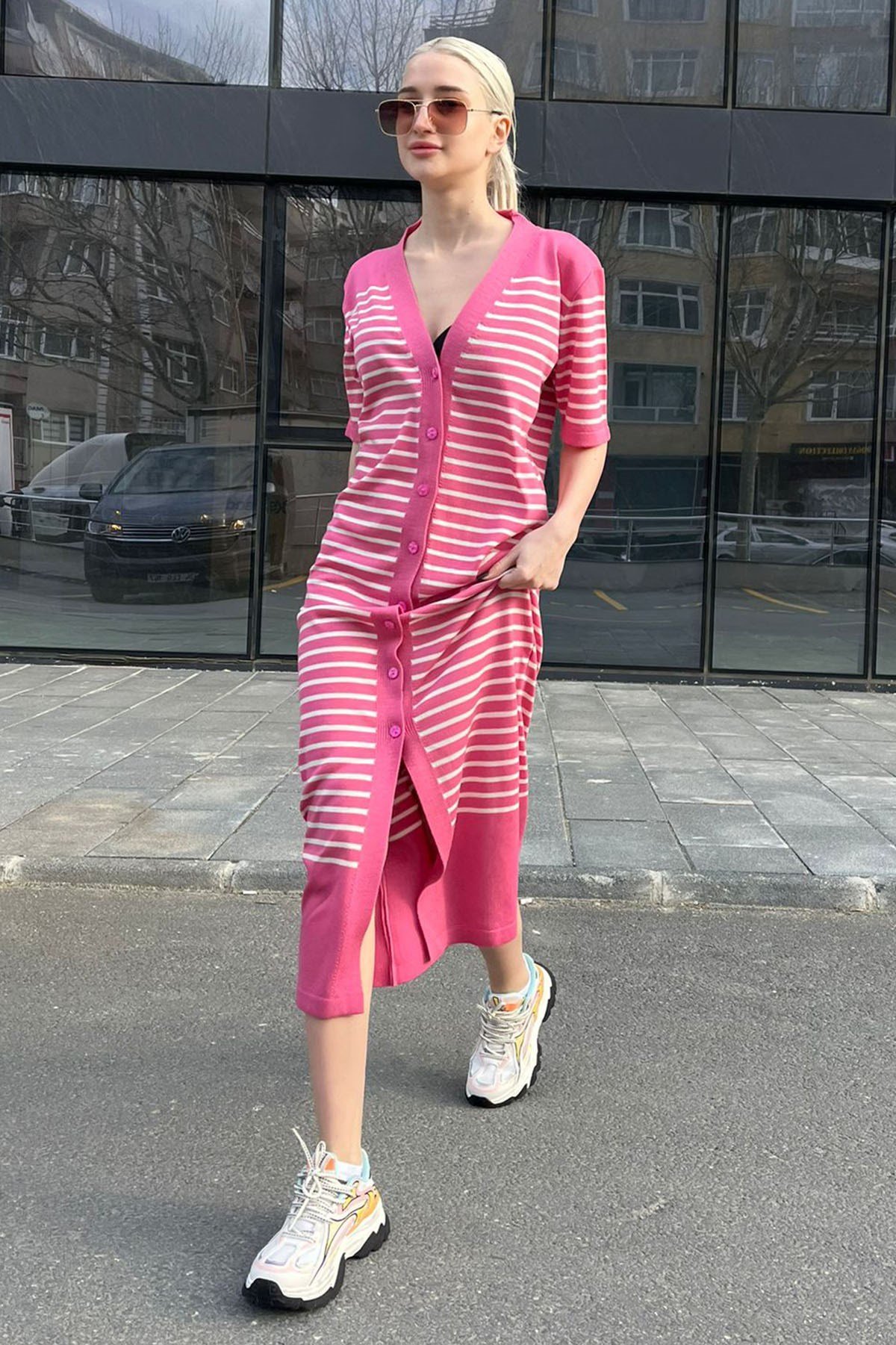 Pembe Düğmeli Triko Kadın Elbise MG1648