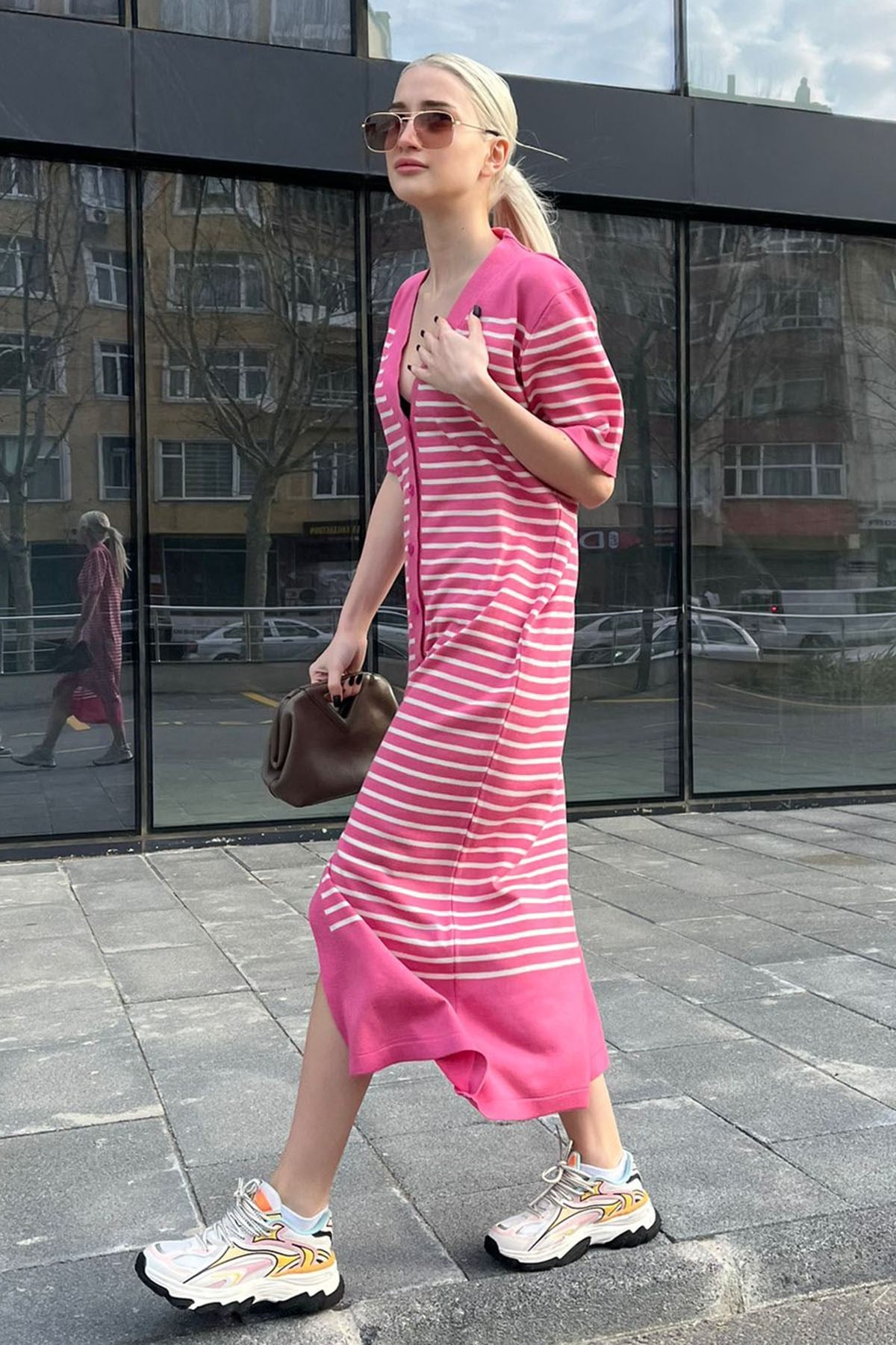 Pembe Düğmeli Triko Kadın Elbise MG1648