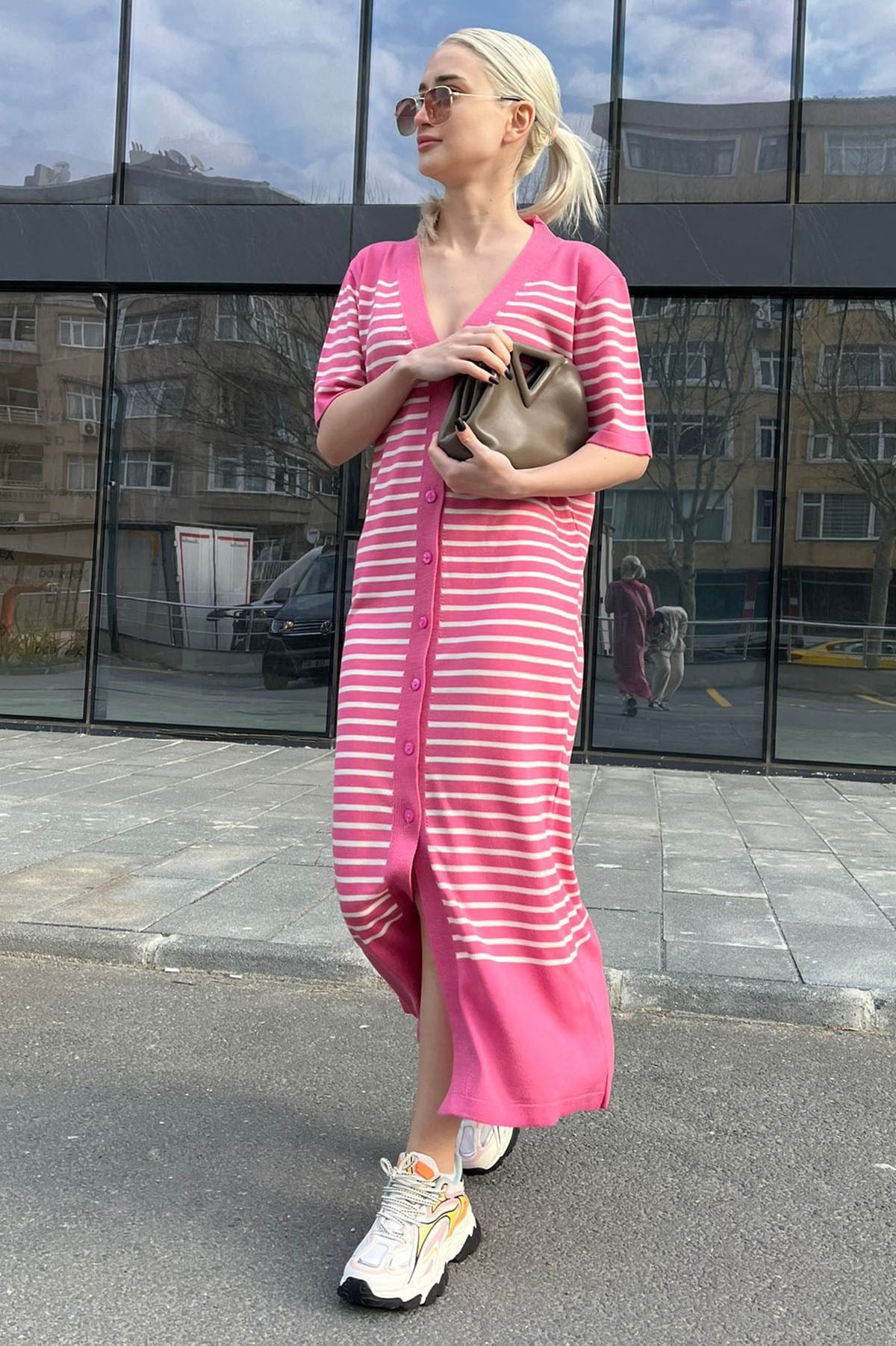 Pembe Düğmeli Triko Kadın Elbise MG1648