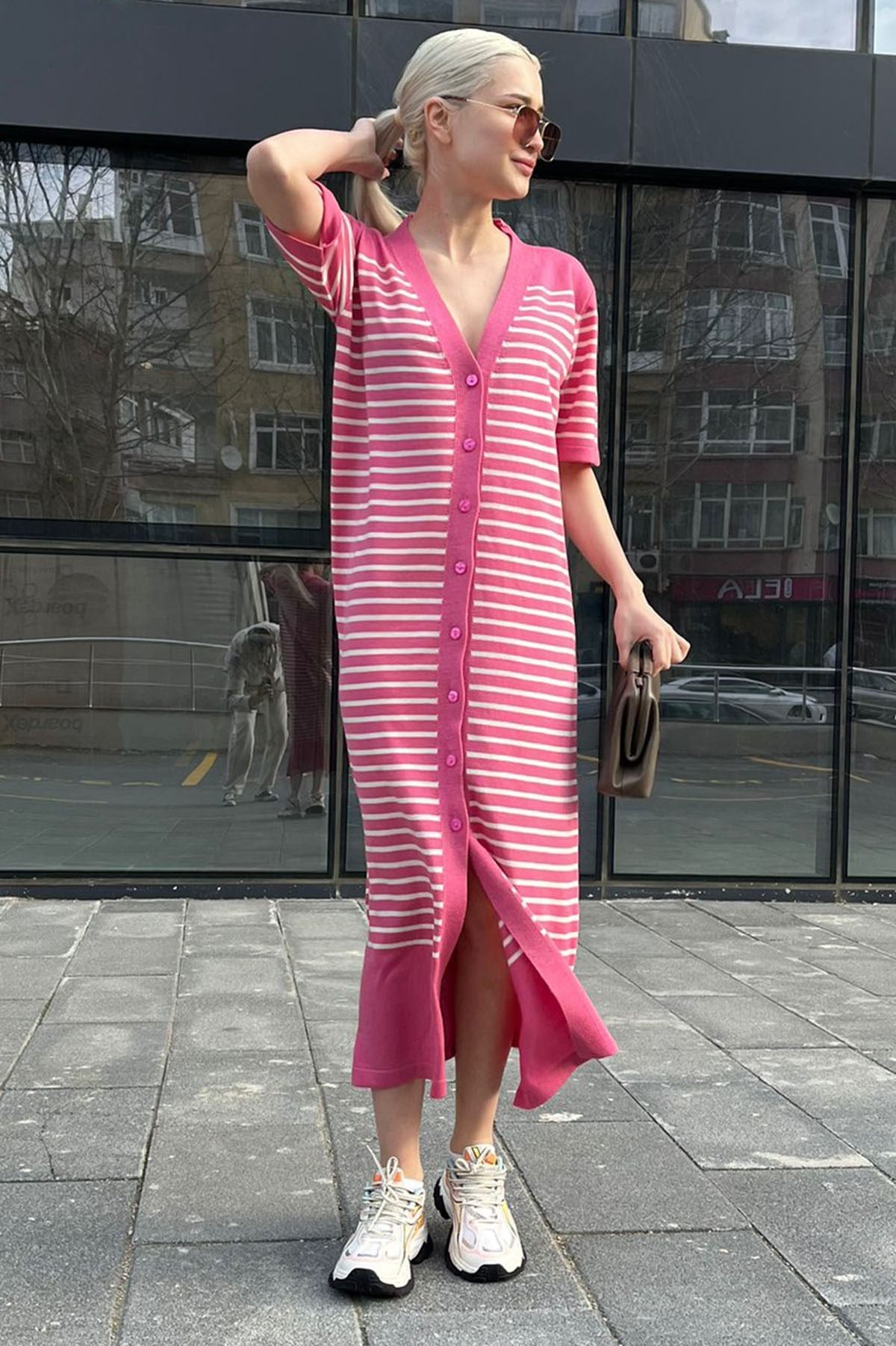 Pembe Düğmeli Triko Kadın Elbise MG1648