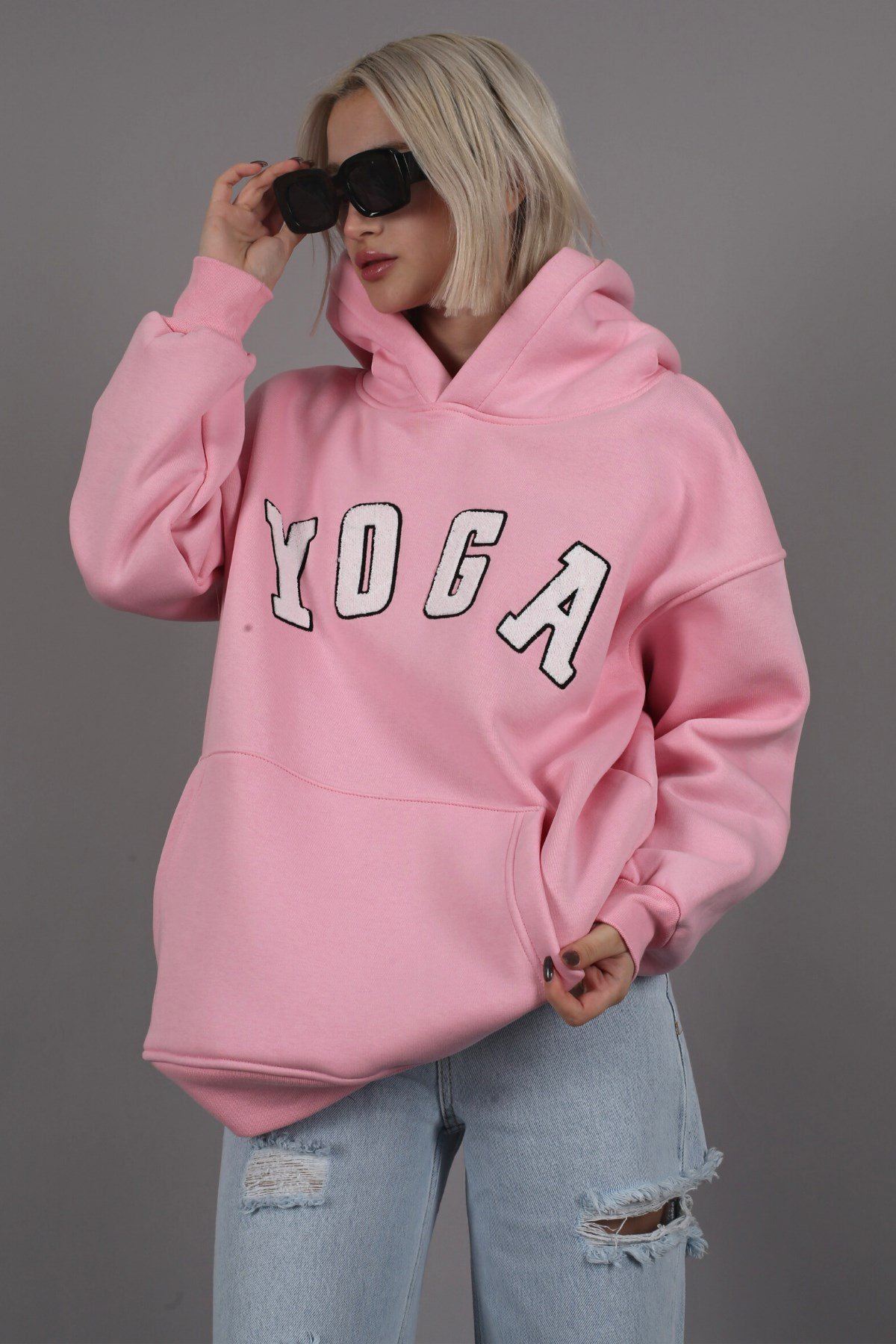 Pembe Nakışlı Kapüşonlu Sweatshirt MG1580