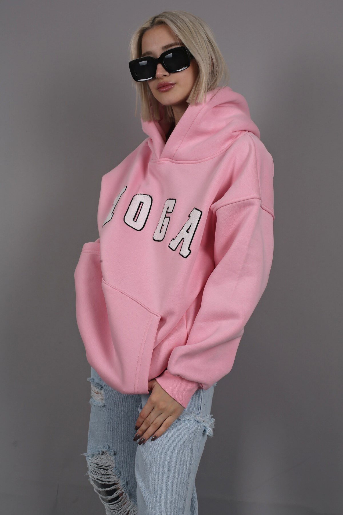 Pembe Nakışlı Kapüşonlu Sweatshirt MG1580