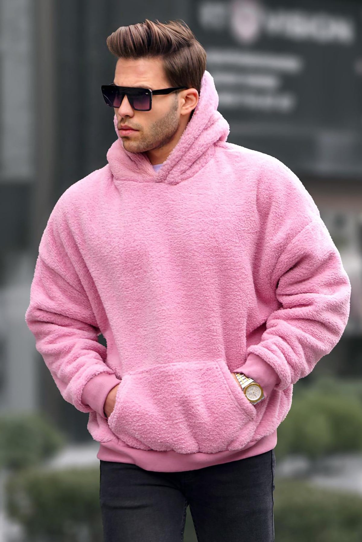 Pembe Peluş Kapüşonlu Erkek Sweatshirt 6050