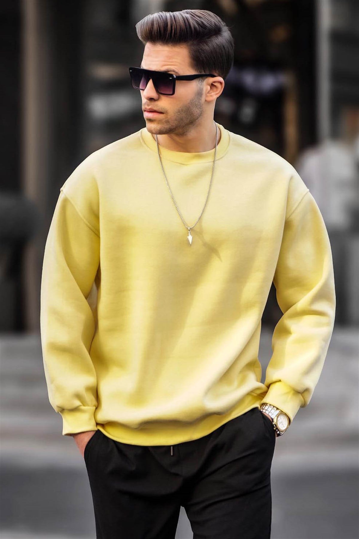 Sarı Bisiklet Yaka Oversize Şardonlu Basic Erkek Sweatshirt 6048