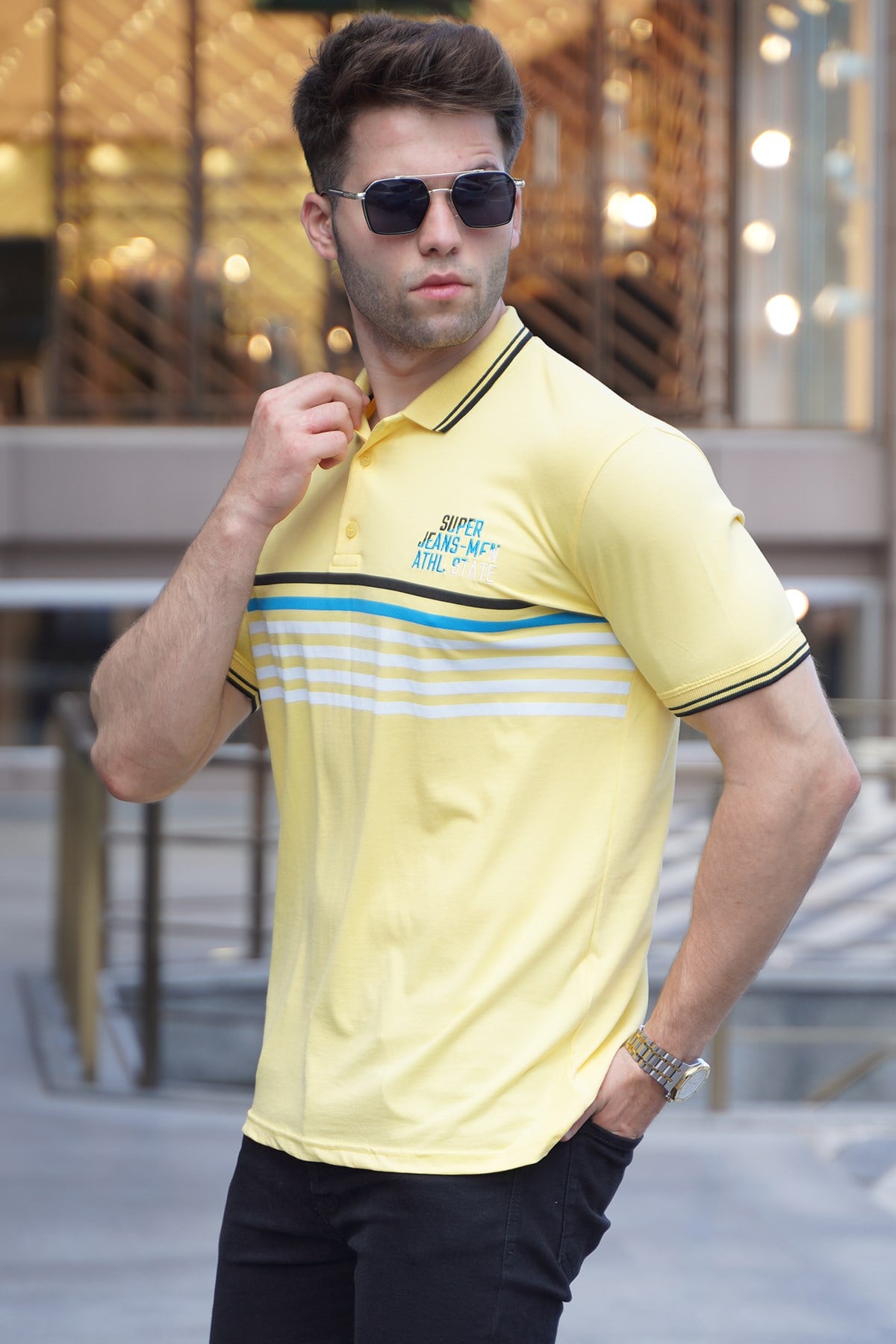 Sarı Çizgili Polo Yaka Tişört 5869