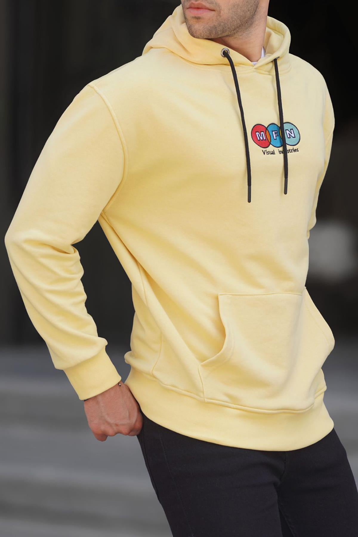 Sarı Kapüşonlu Nakışlı Erkek Sweatshirt 6145