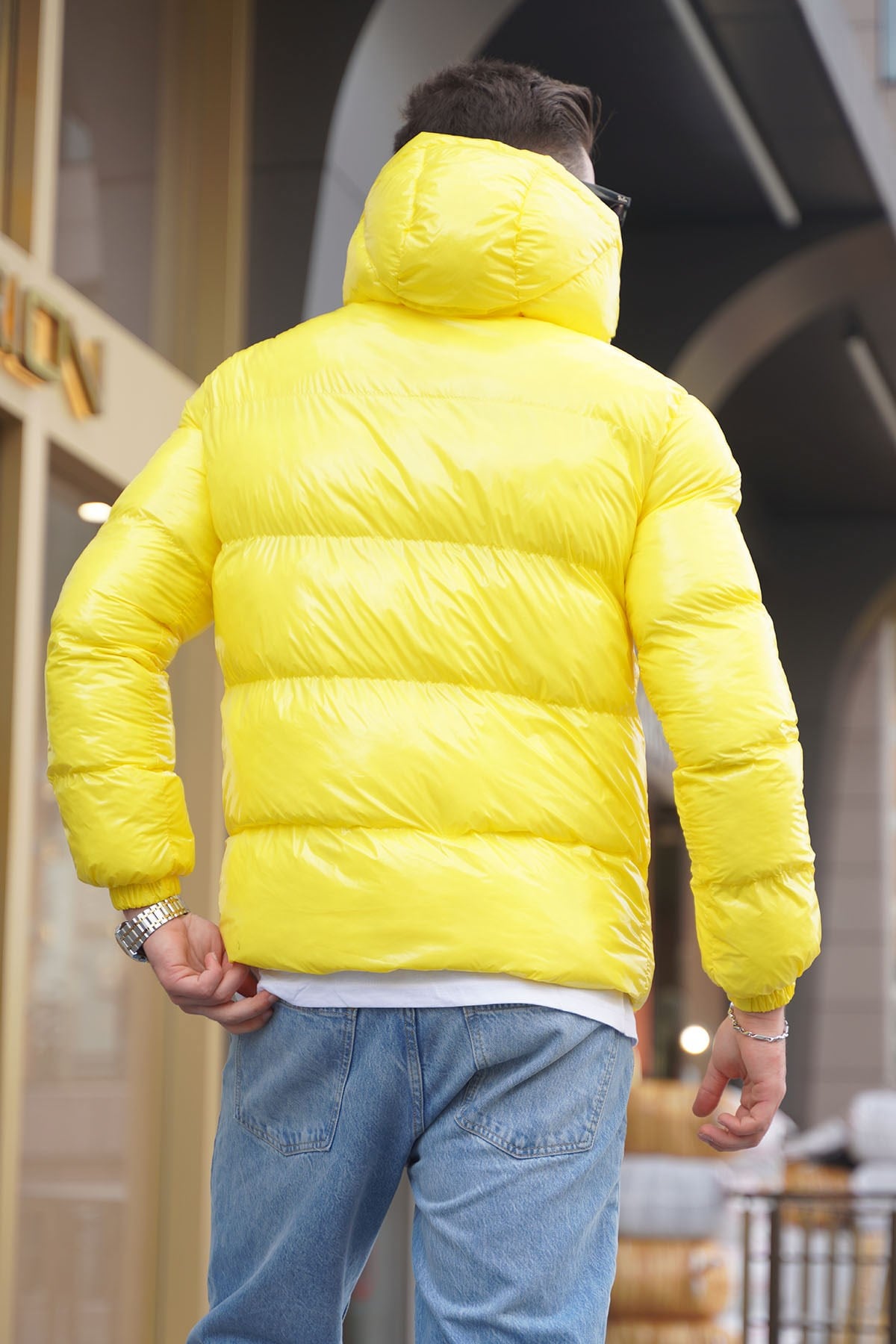 Sarı Parlak Basic Cep Detaylı Şişme Mont 5994