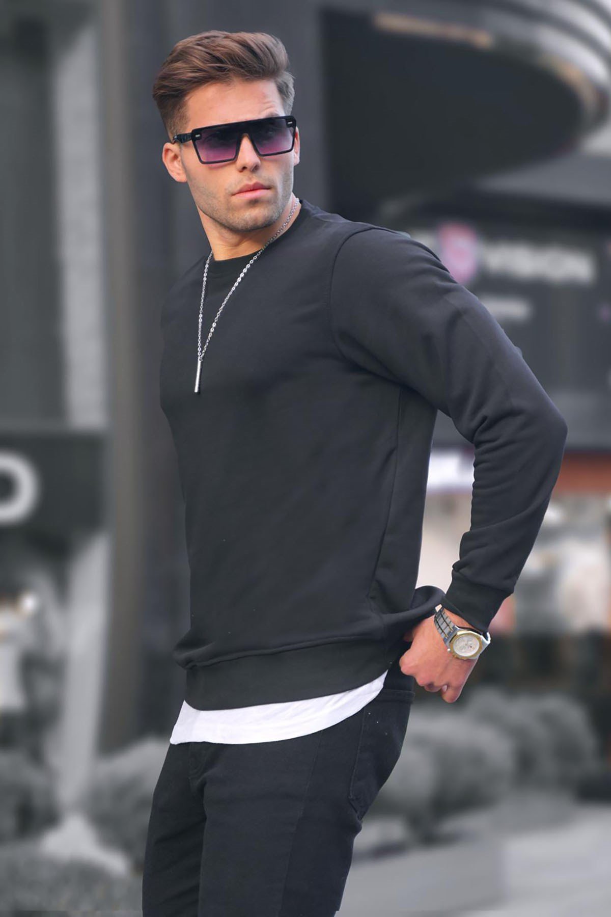 Siyah Basic Bisiklet Yaka Erkek Sweatshirt 6047